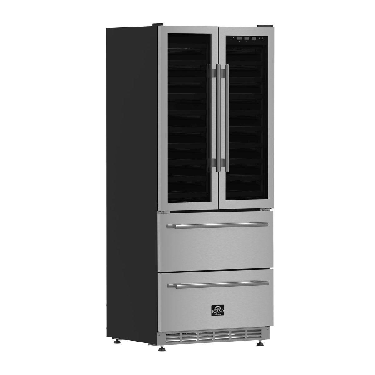 Stainless steel built-in wine cooler with open double doors and interior shelves.
