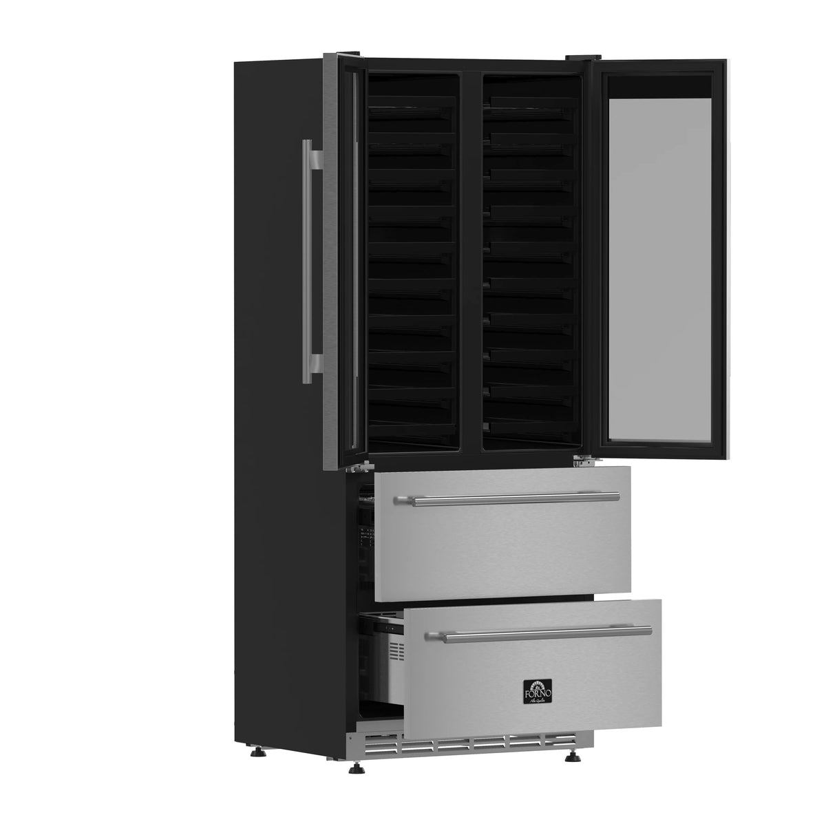 Stainless steel wine cooler with side-by-side open doors, lower drawer pulled out.