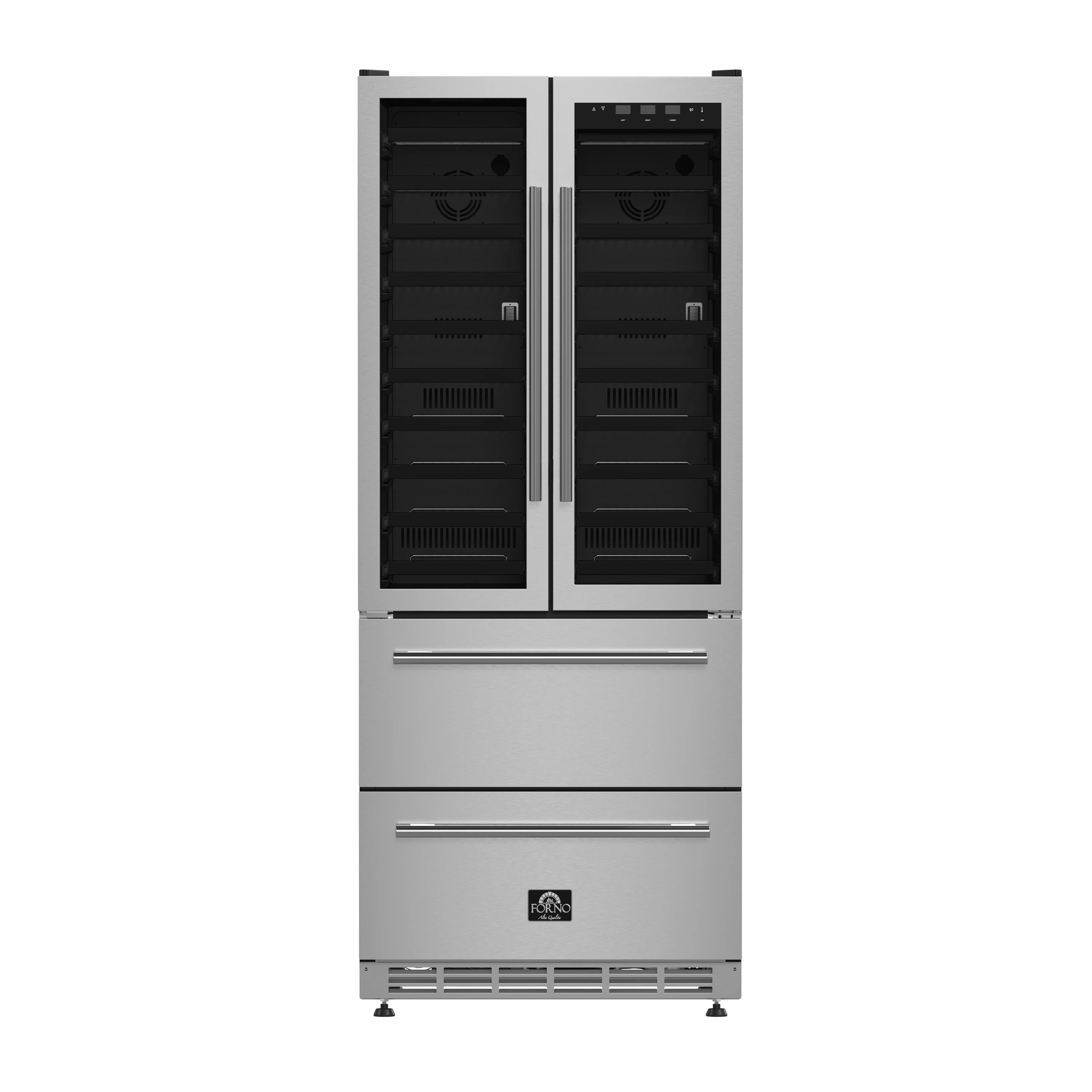 Stainless steel wine cooler with closed double glass doors and chrome handle bars.