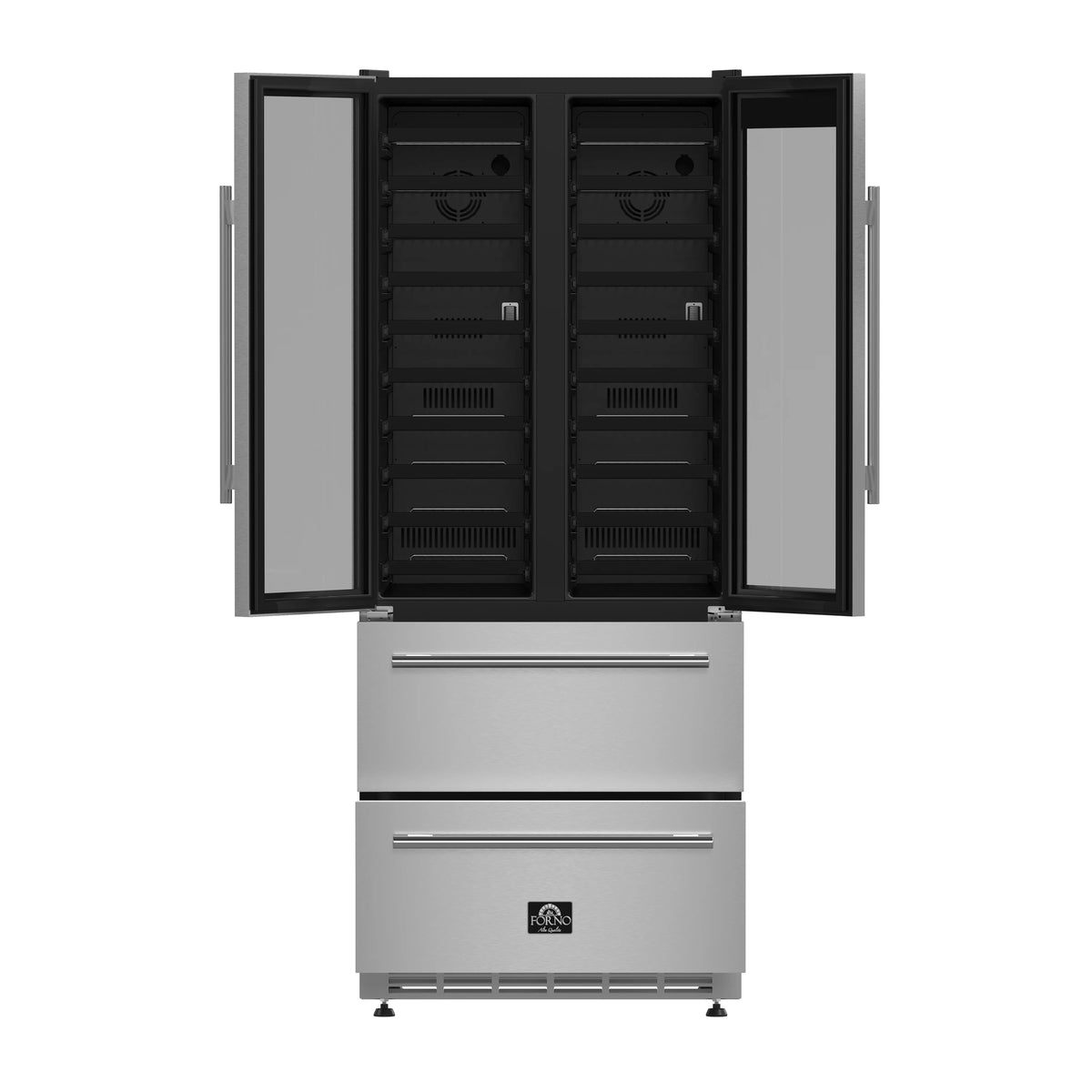 Stainless wine cooler drawer with two open doors and interior bottle racks.