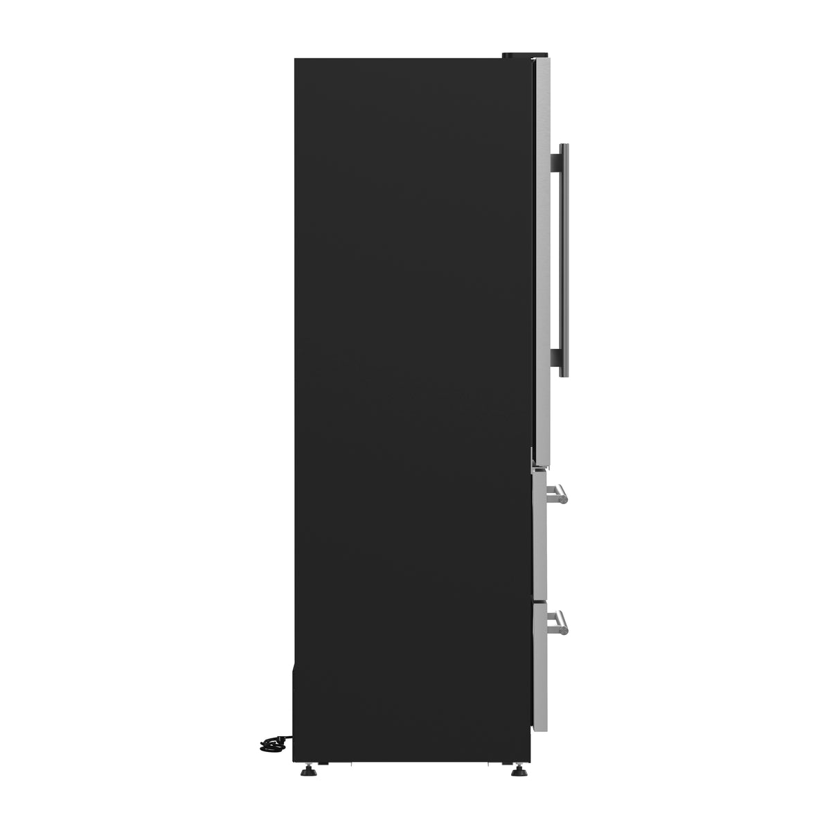 Wine cooler drawer with side view and dark door panel, stainless exterior.