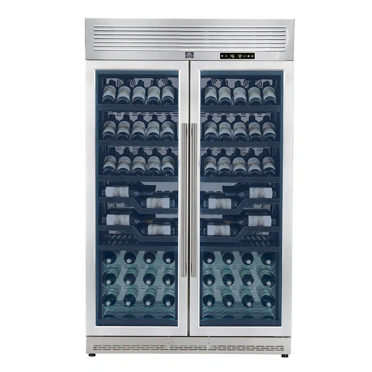 Dual-zone wine cooler with front doors closed, glass window, and bottle racks inside