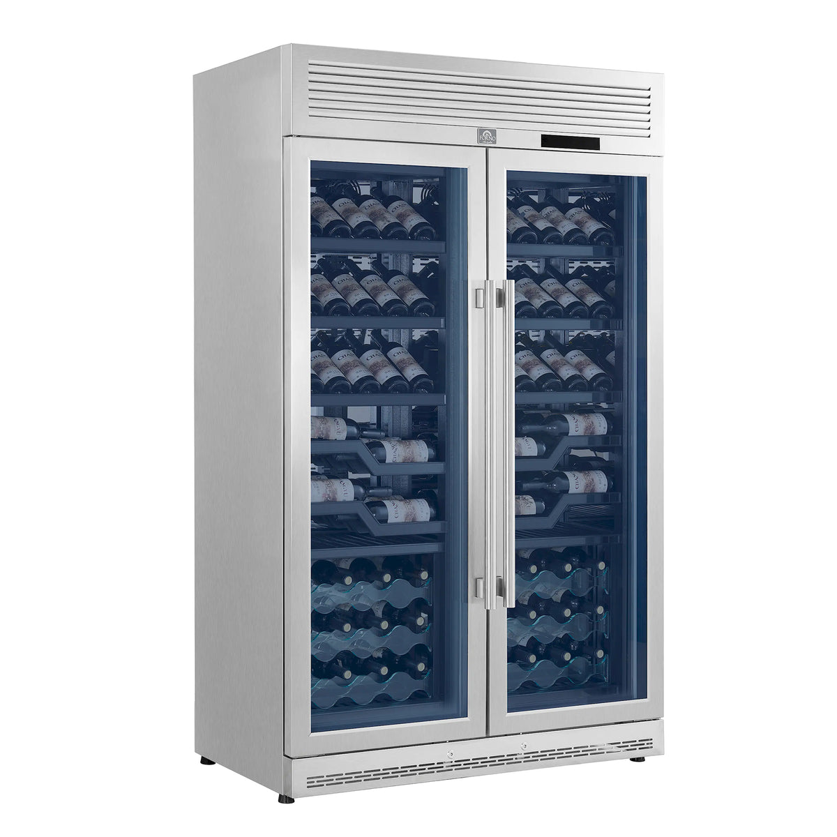 Wine cooler with two glass doors and visible bottle racks inside, side view