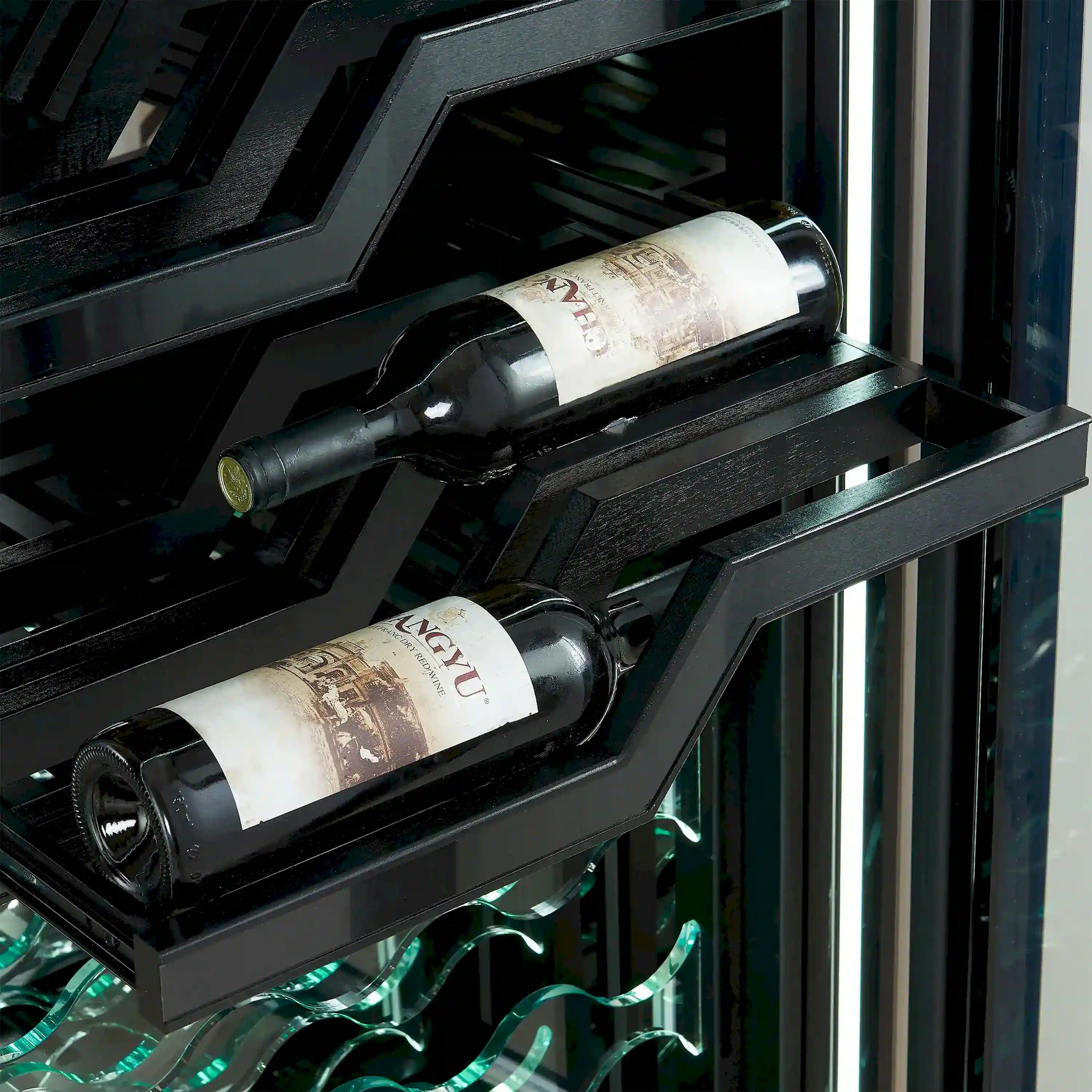 Dual-zone wine cooler rack with dark shelves and bottles in green acrylic holders