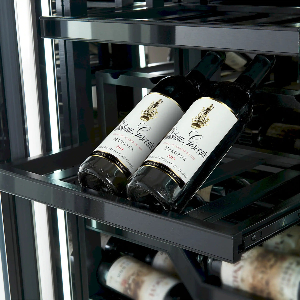 Wine cooler shelf holding two wine bottles with black shelving rails