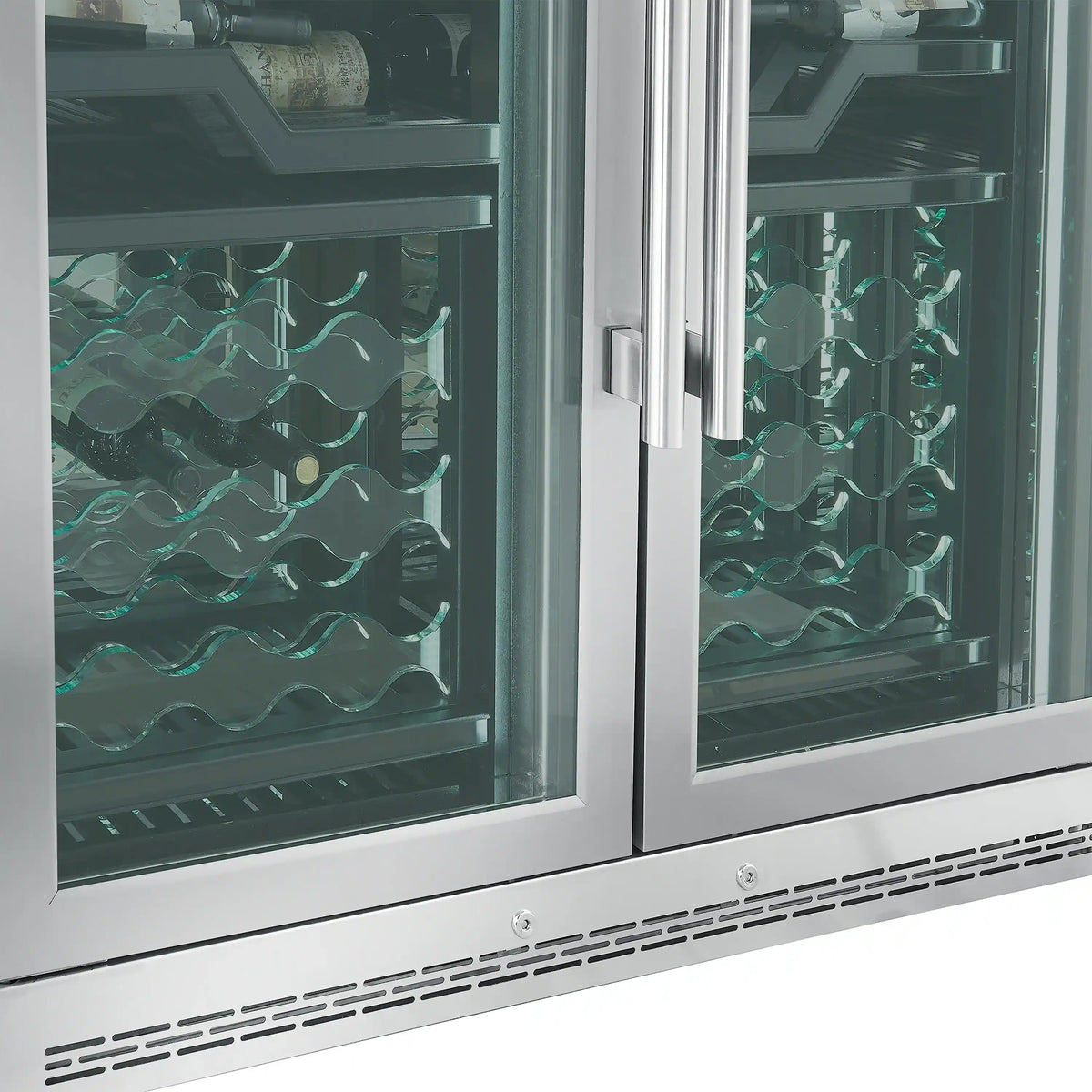 Dual-zone wine cooler glass doors with vertical handles and blue interior lighting
