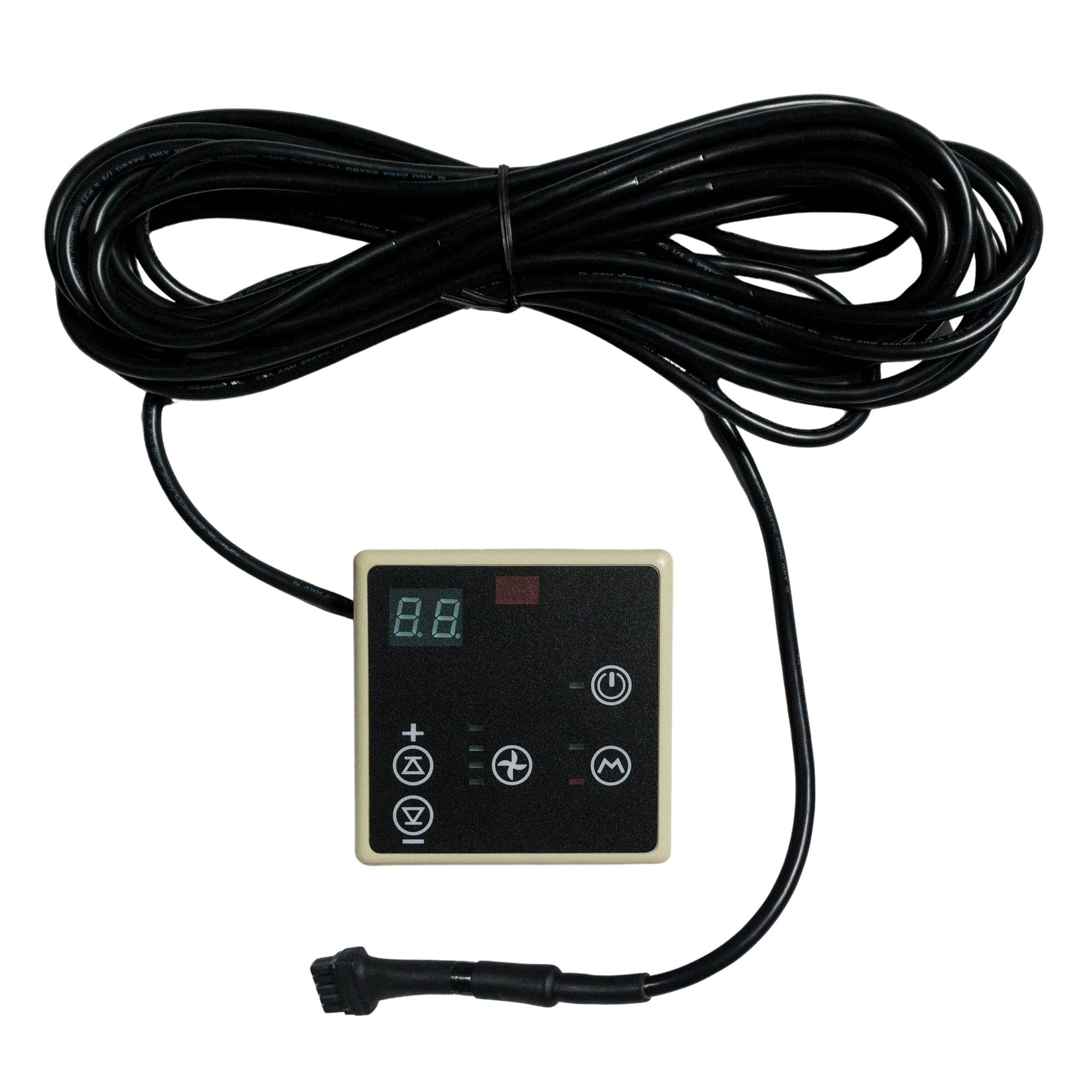 Under-bench AC control sensor module with LCD display, buttons, and black cable