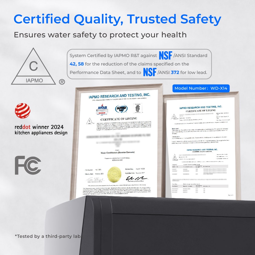 Waterdrop X14 RO certification infographic with test documents and model number badge