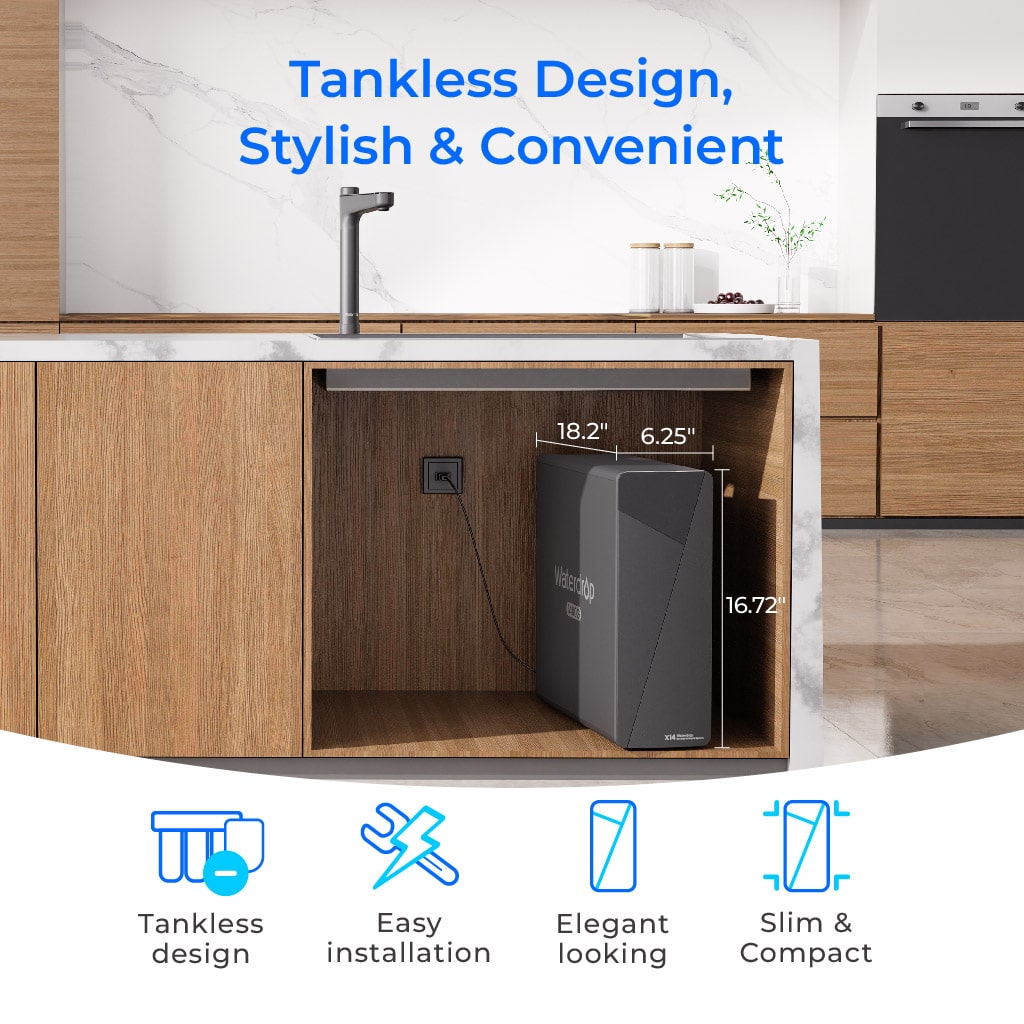 Waterdrop X14 undersink RO system tank installed under a cabinet with faucet