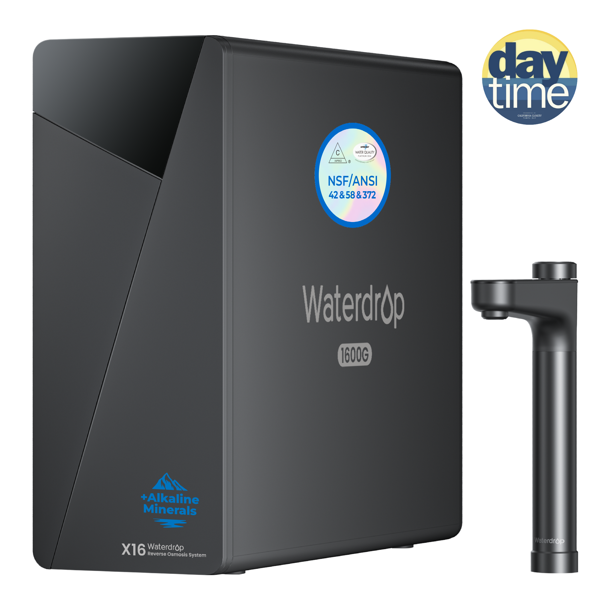 Black Waterdrop reverse osmosis main unit with countertop faucet and NSF/ANSI badge