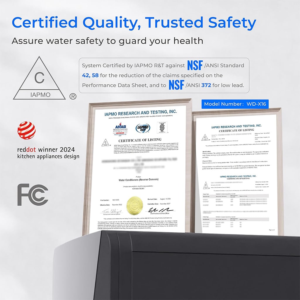Black reverse osmosis unit with certificate documents and compliance badges