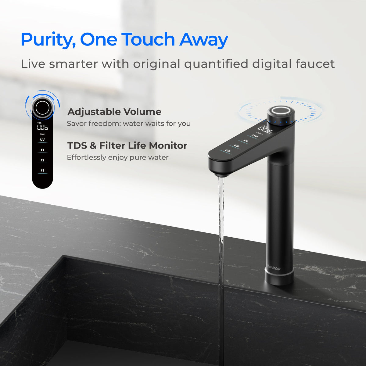 Black digital reverse osmosis faucet with streaming water and control indicator display