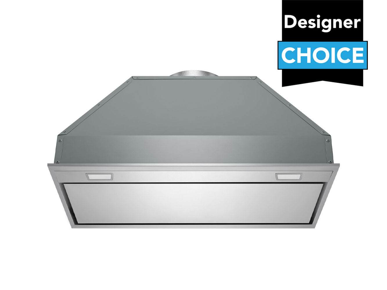 Stainless steel 30-inch insert range hood with rectangular front and recessed control vents