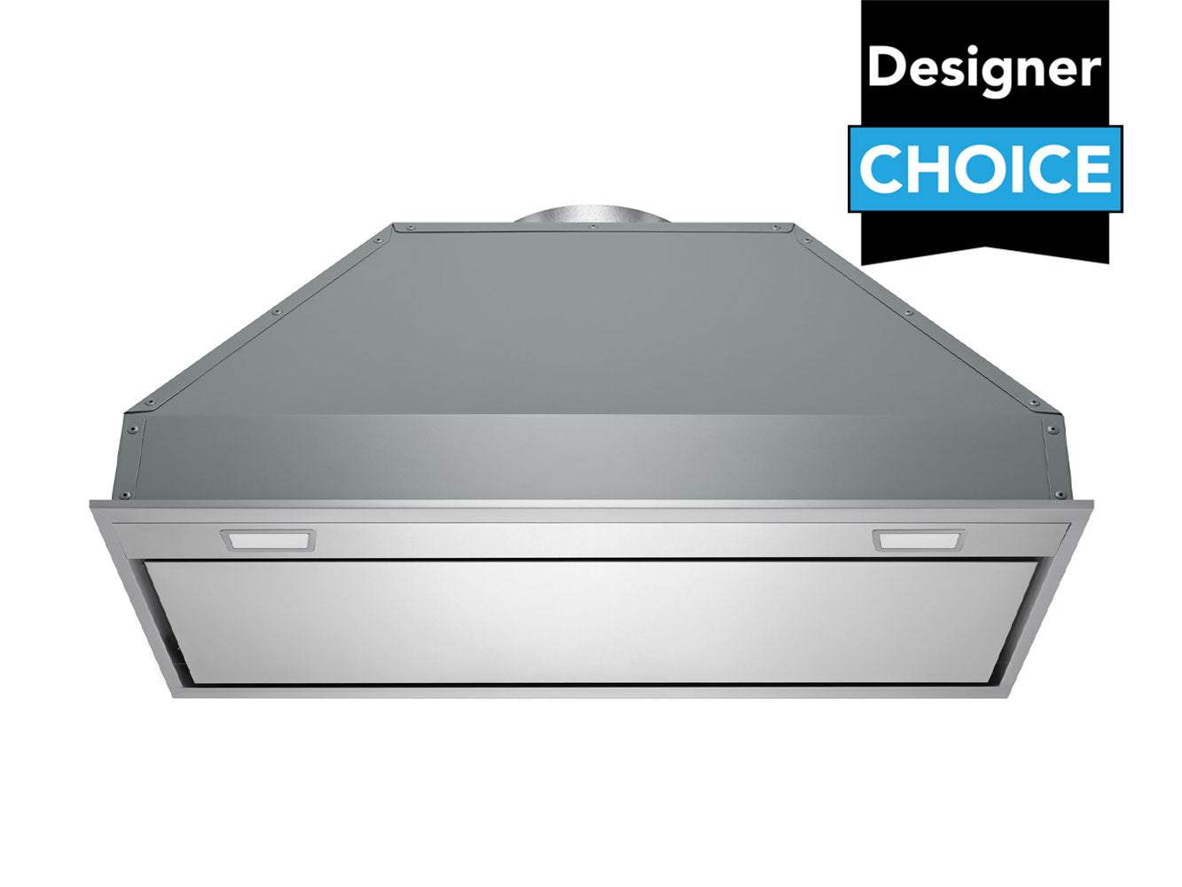 Stainless steel insert range hood with front glassless panel and concealed side handles