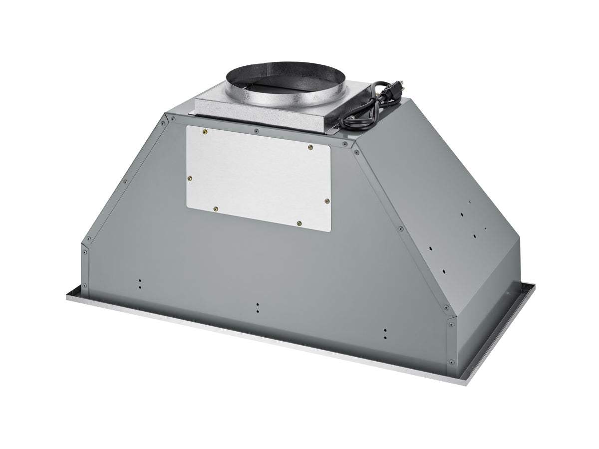 Stainless steel range hood housing with duct collar opening and side exhaust outlets