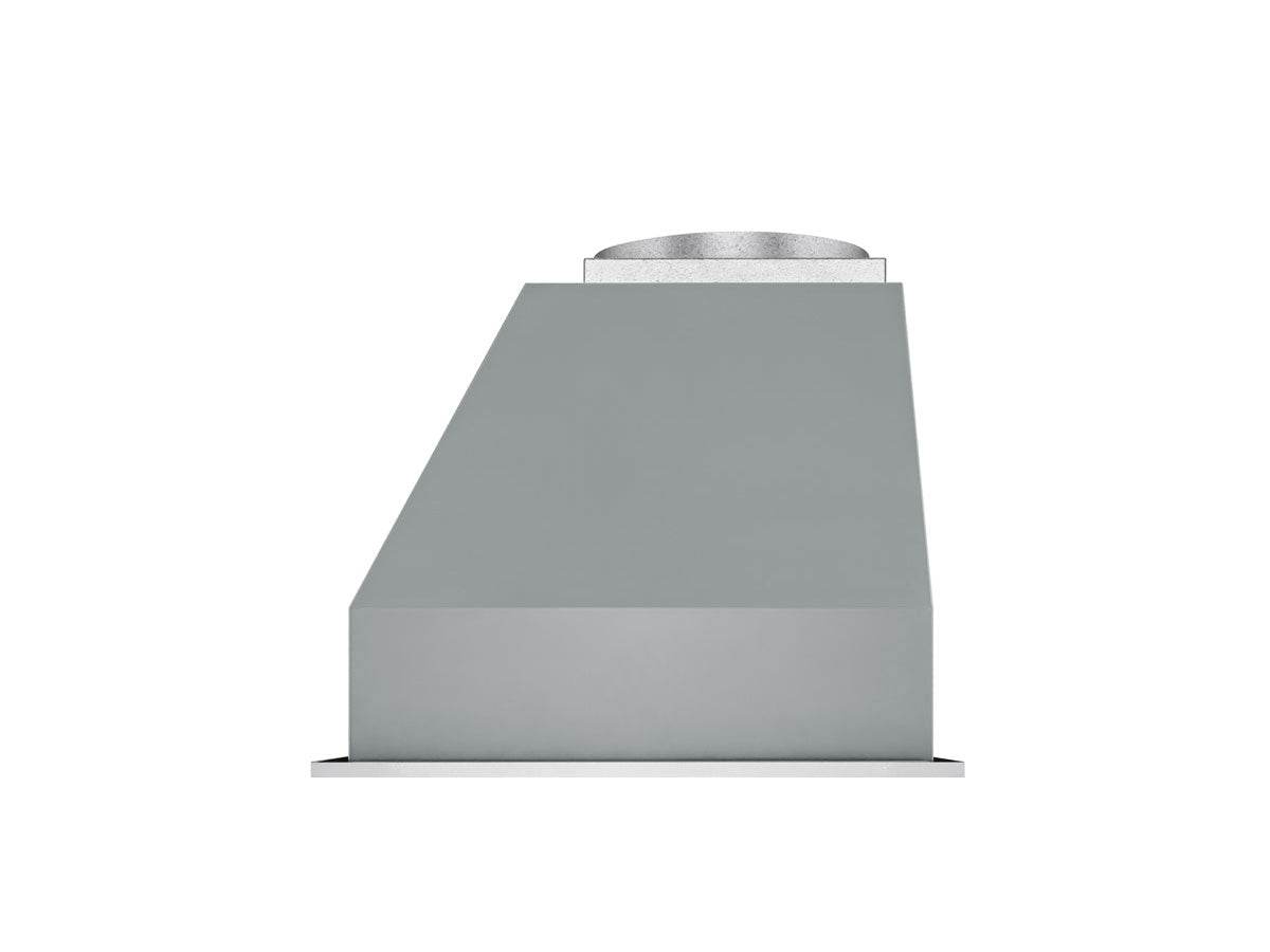 Stainless steel range hood with top duct collar and wide rectangular chimney body