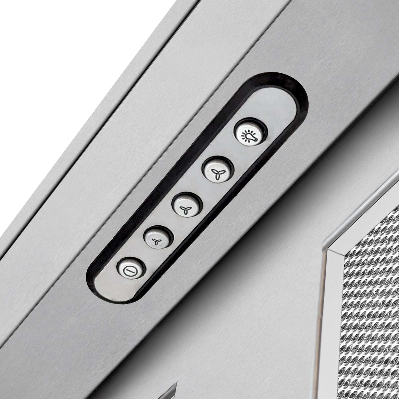 Stainless steel range hood control panel with five round touch buttons