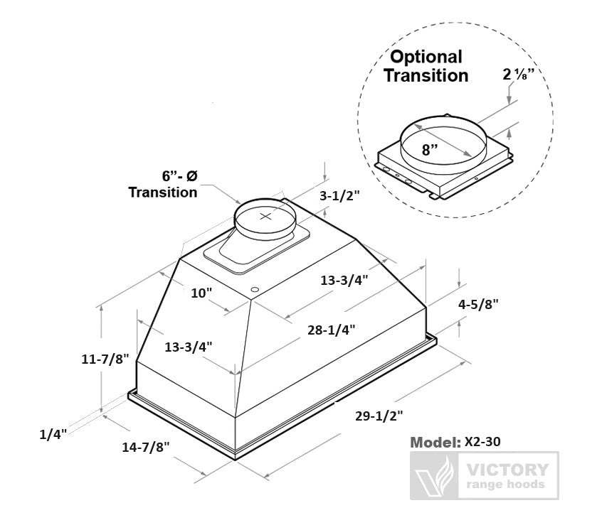 Range hood dimension diagram for model X2-30, showing duct and transition measurements