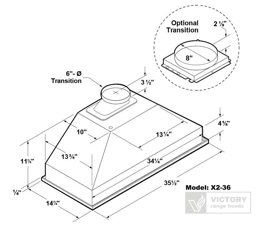 X2-36 insert range hood dimension diagram with 6 in duct transition and optional 8 in adapter