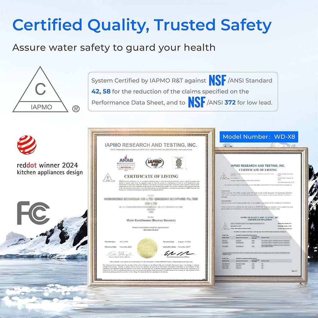 Under-sink reverse osmosis system with faucet beside certification documents on water background