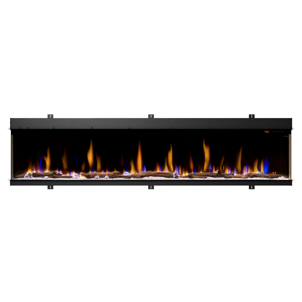 Black linear electric fireplace insert with steady flame effect over the log bed