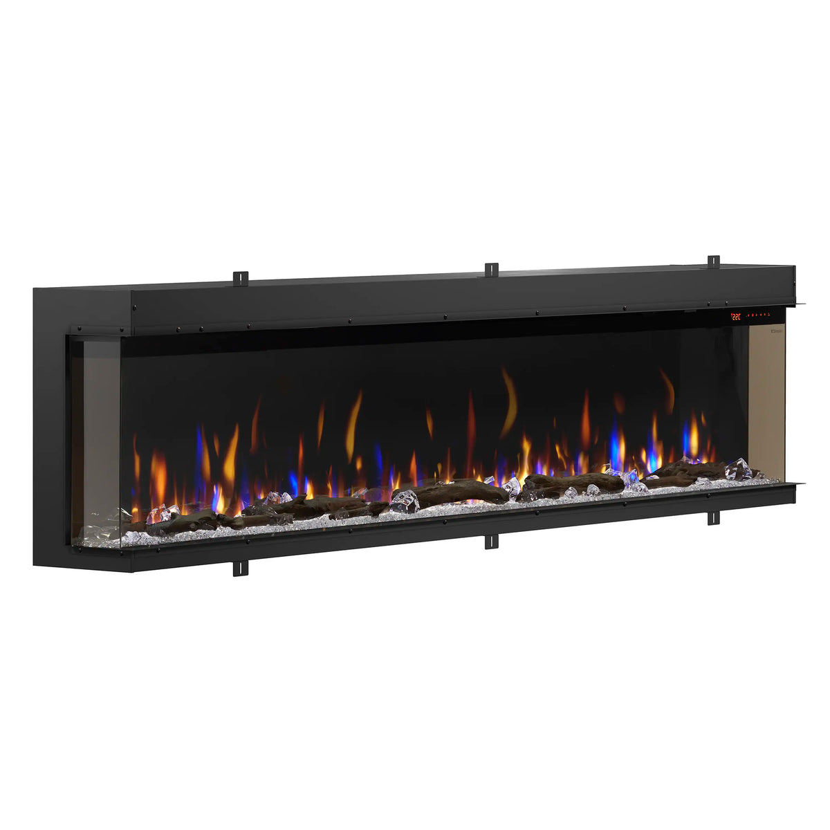 Built-in linear electric fireplace insert with orange flames and subtle blue highlights