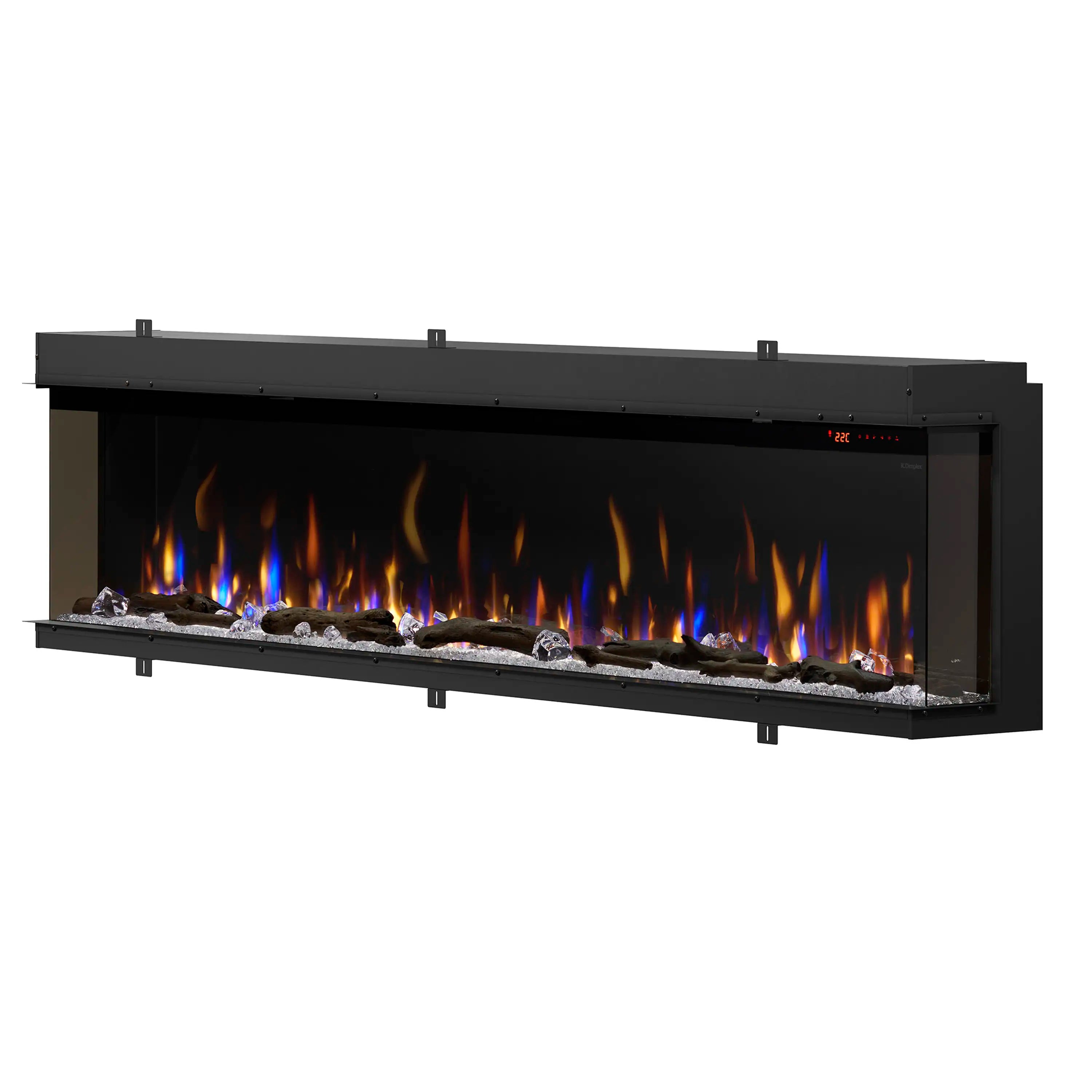 Black built-in linear electric fireplace with flame effect, ember bed, and control panel