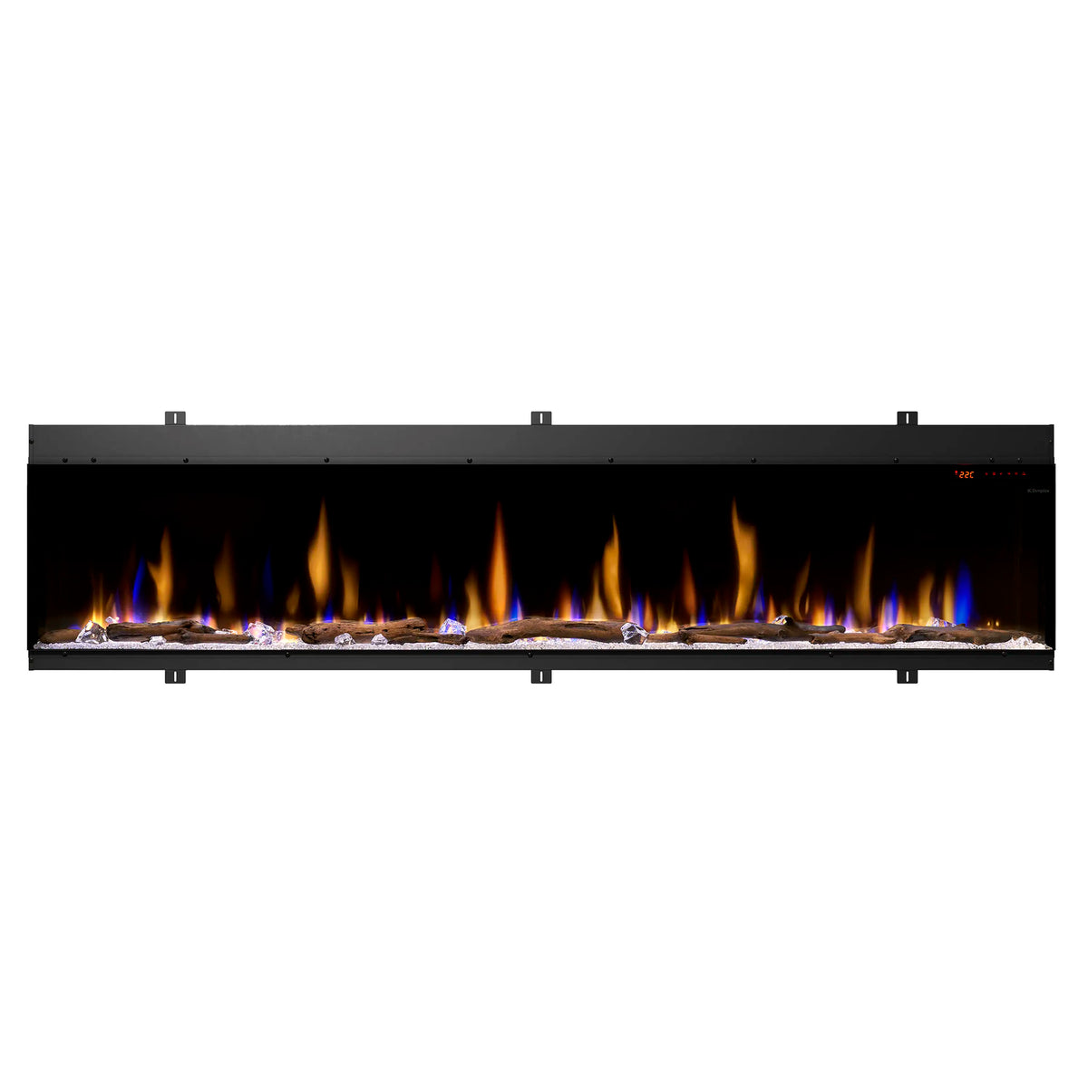 Black linear electric fireplace insert with blue-tipped flames across the firebox