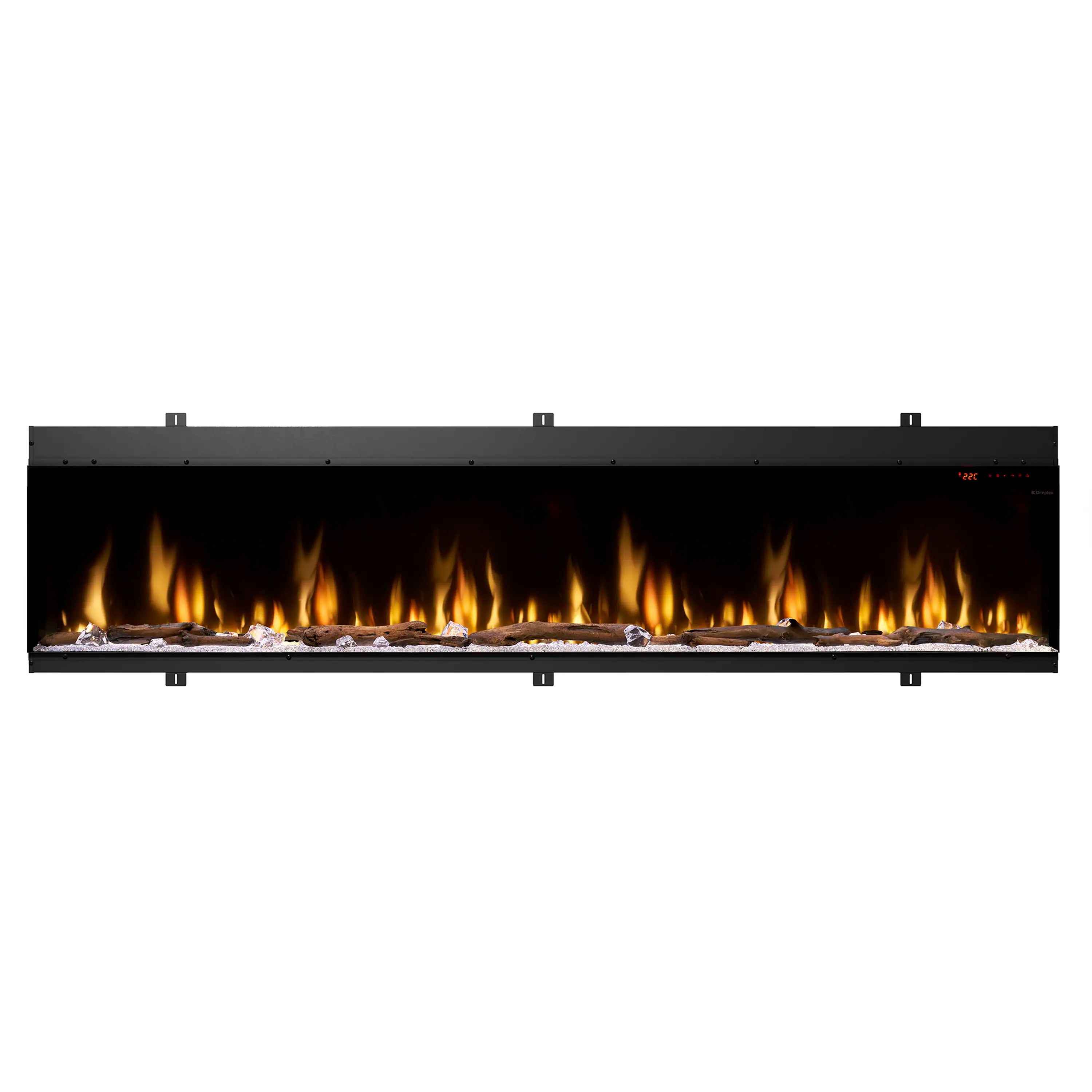 Black linear electric fireplace insert with wide flame row and decorative embers