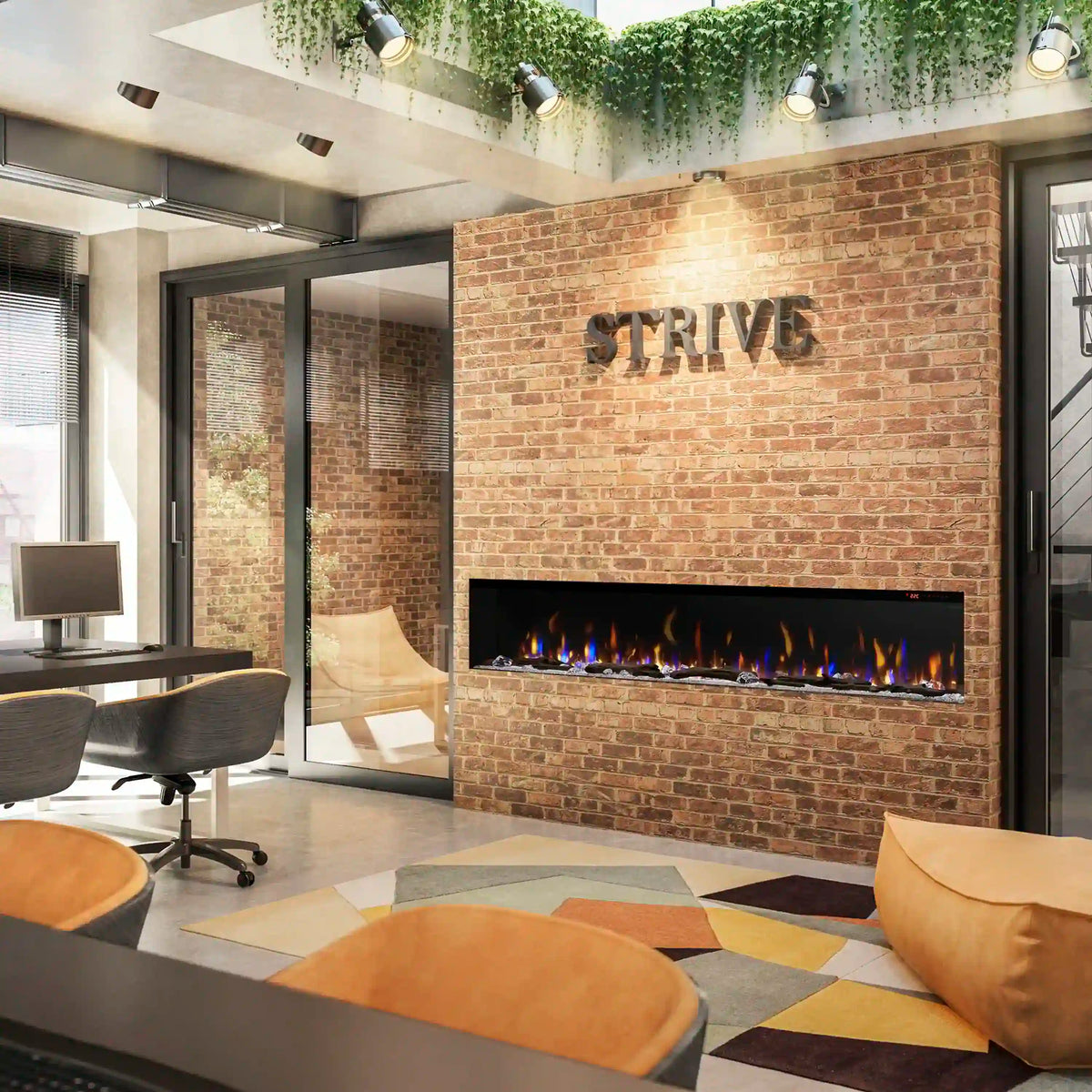Built-in linear electric fireplace with black firebox and glowing orange flames