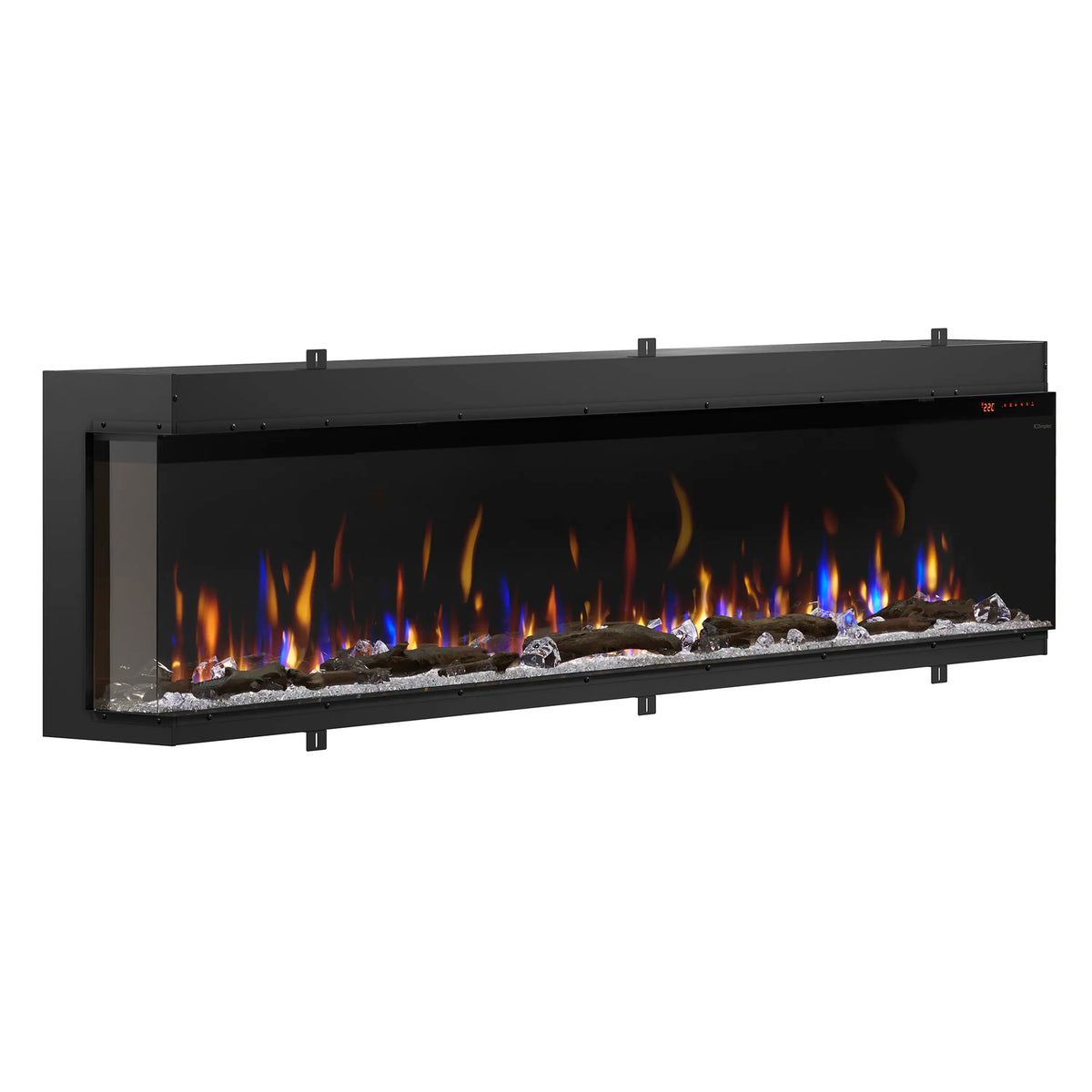 Built-in linear electric fireplace insert with orange flames and blue flame accents