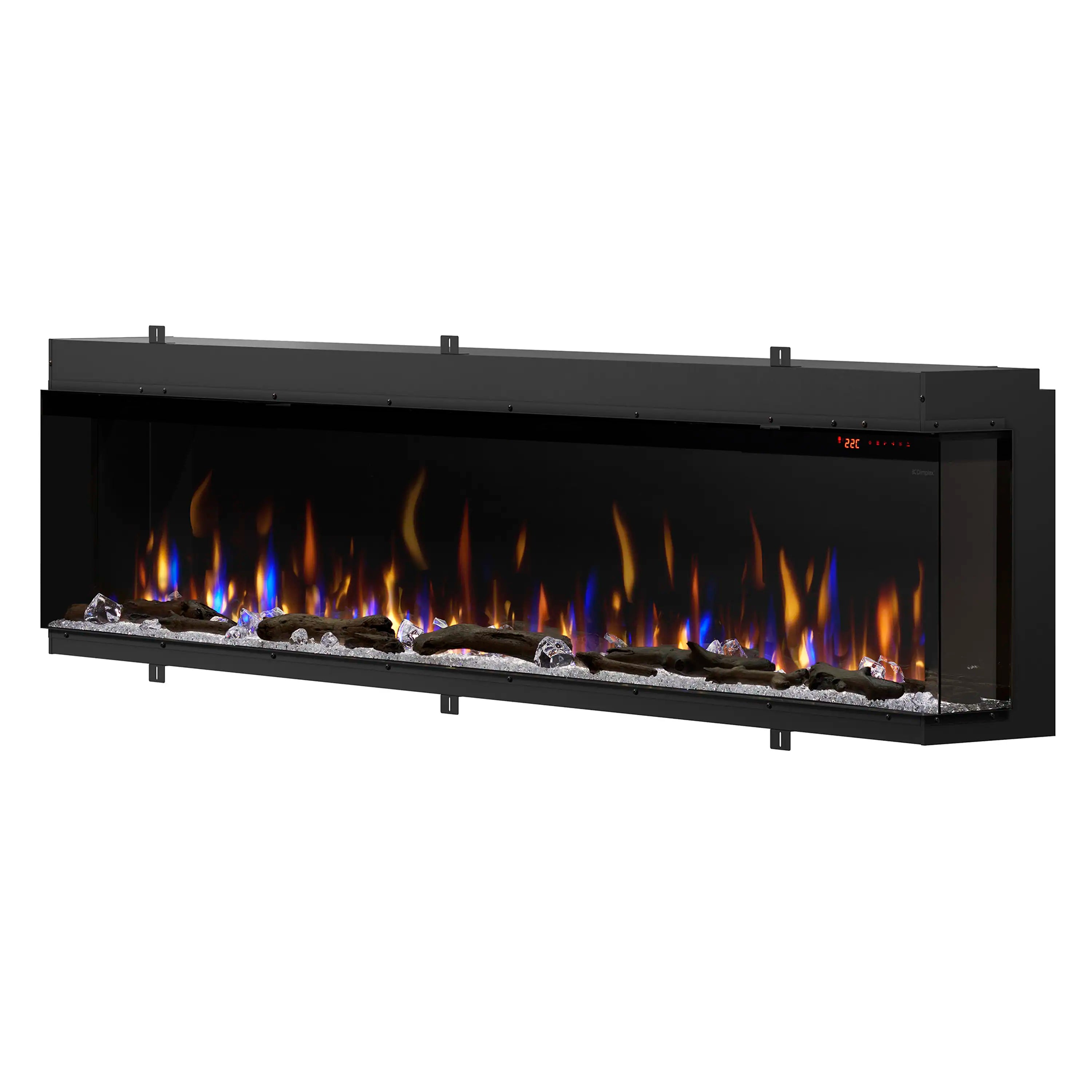 Black built-in linear electric fireplace with glowing flame effect and decorative logs