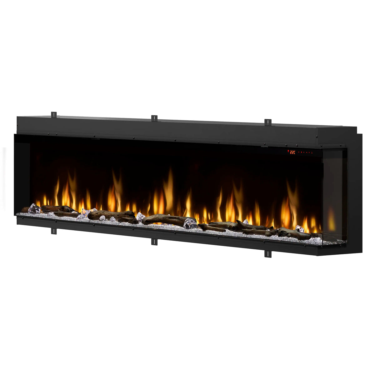 Built-in linear electric fireplace insert with dark frame and bright orange flame glow
