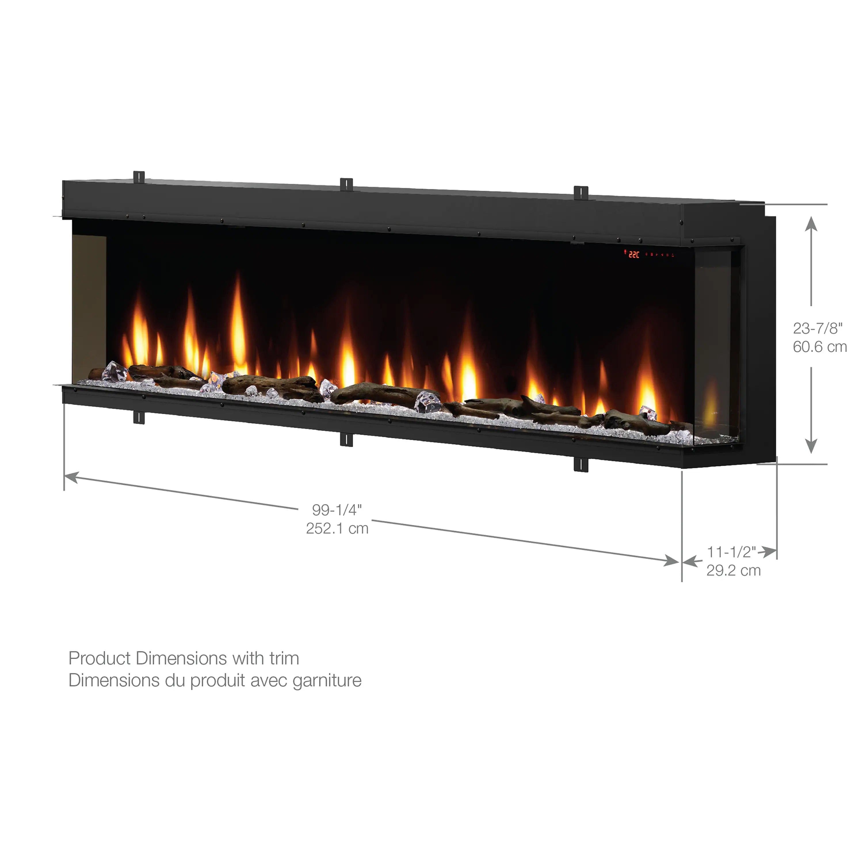 Black built-in linear electric fireplace with flame display; side view and size markings