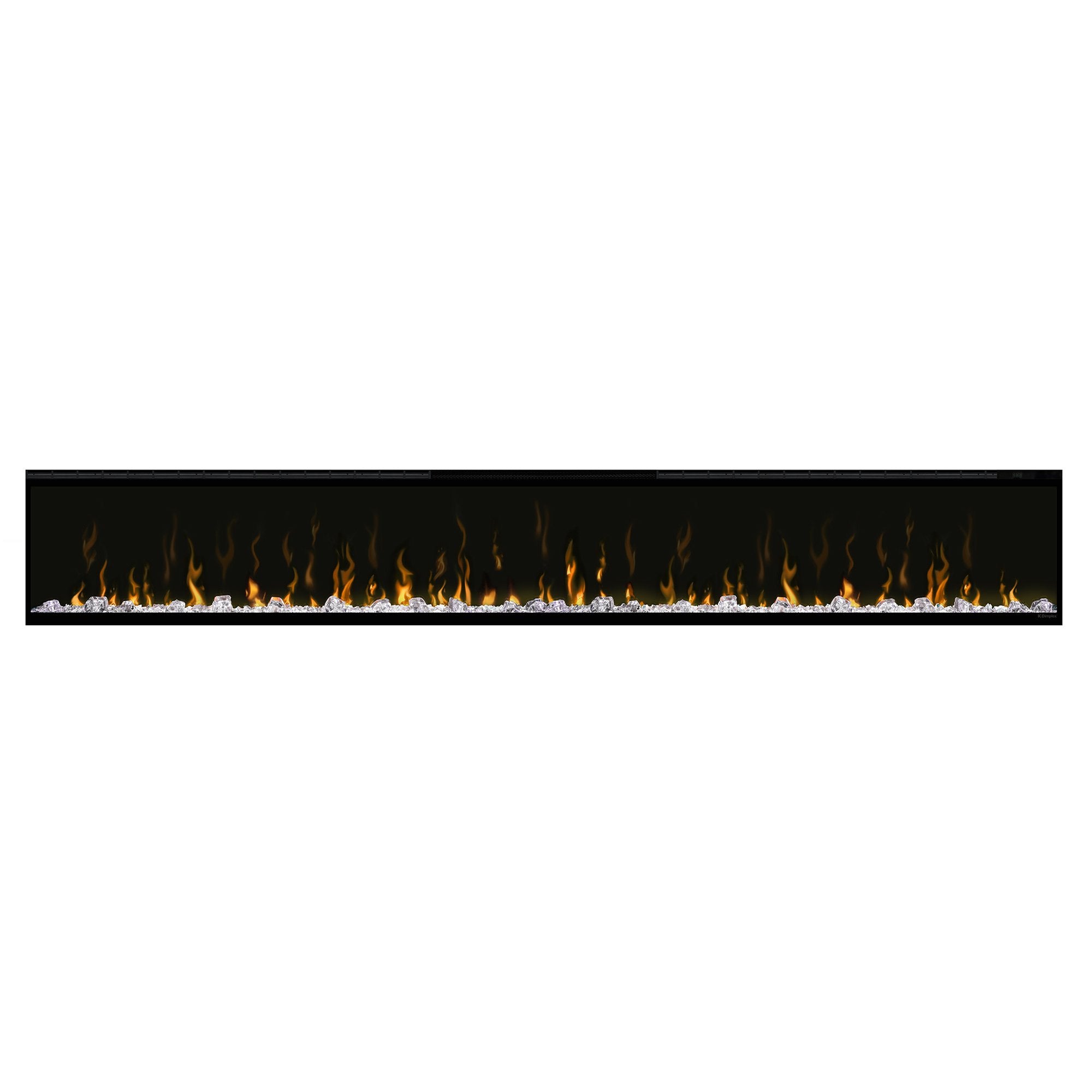 Built-in linear electric fireplace insert with orange flame effect behind black viewing panel