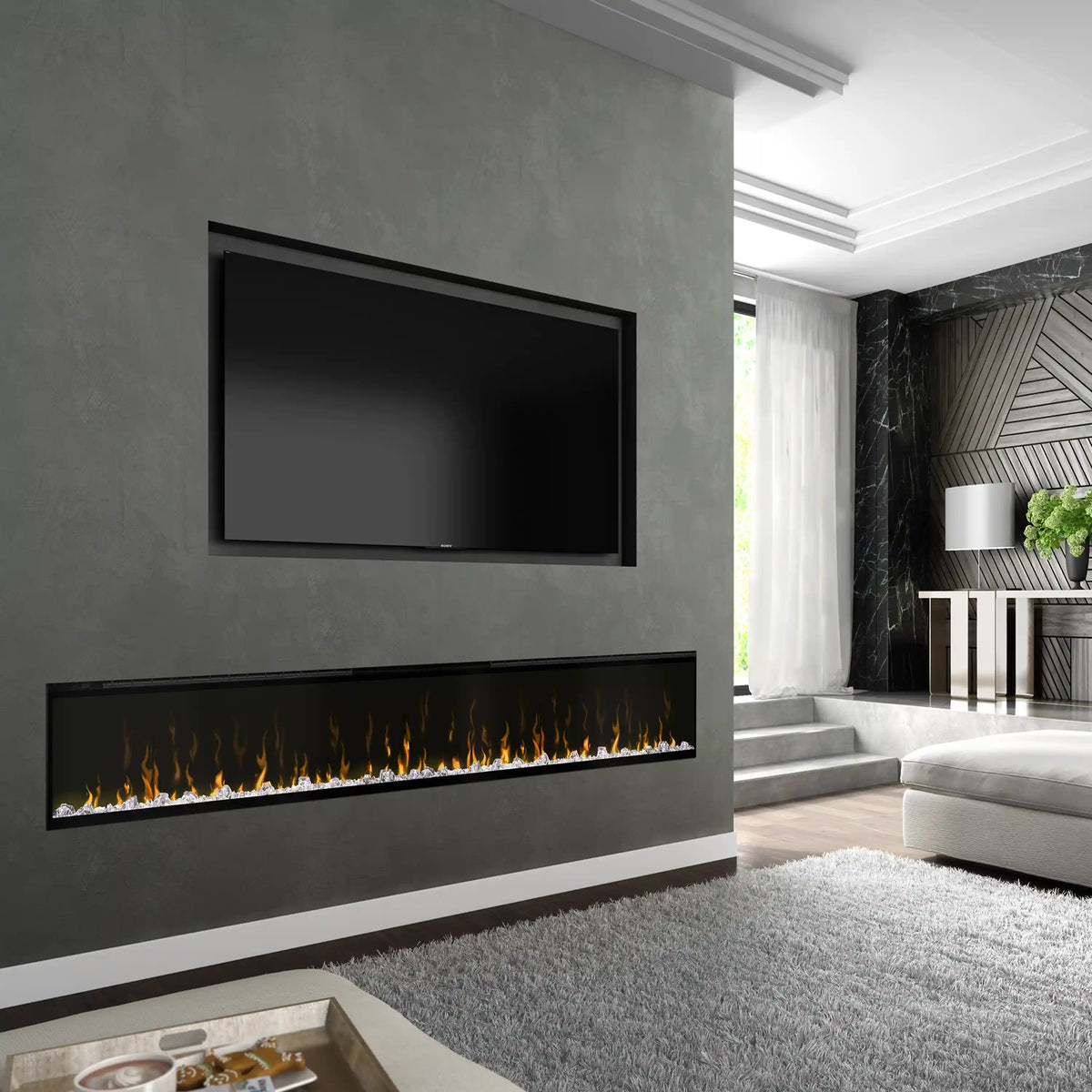 Wall-mounted linear electric fireplace insert with orange flame effect and black frame