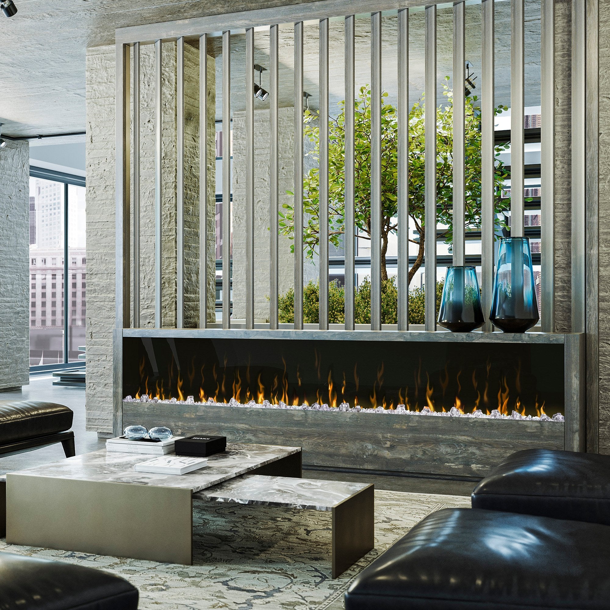 Built-in linear electric fireplace with orange flame display in a wall opening