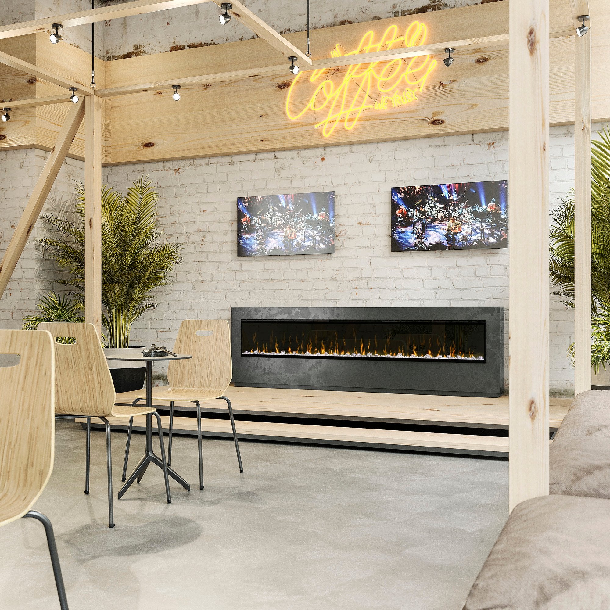 Linear electric fireplace with orange flame effect in a black wall-mounted frame