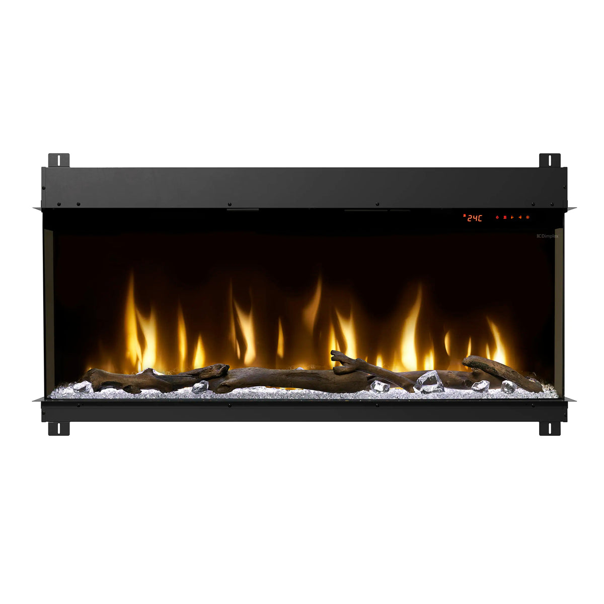 Linear electric fireplace side view with black front and flickering flames on log bed