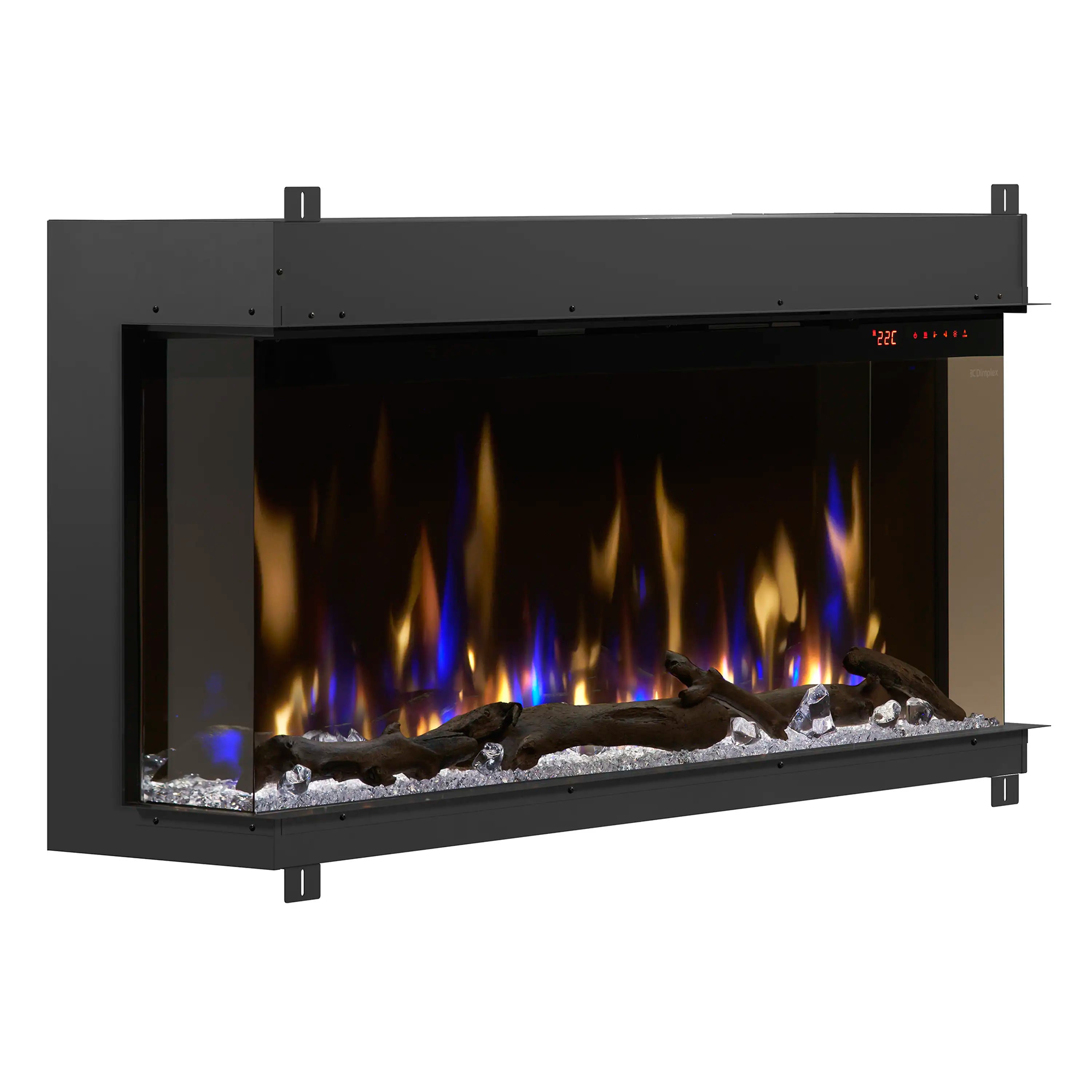 Built-in linear electric fireplace insert, black housing with flame and log bed