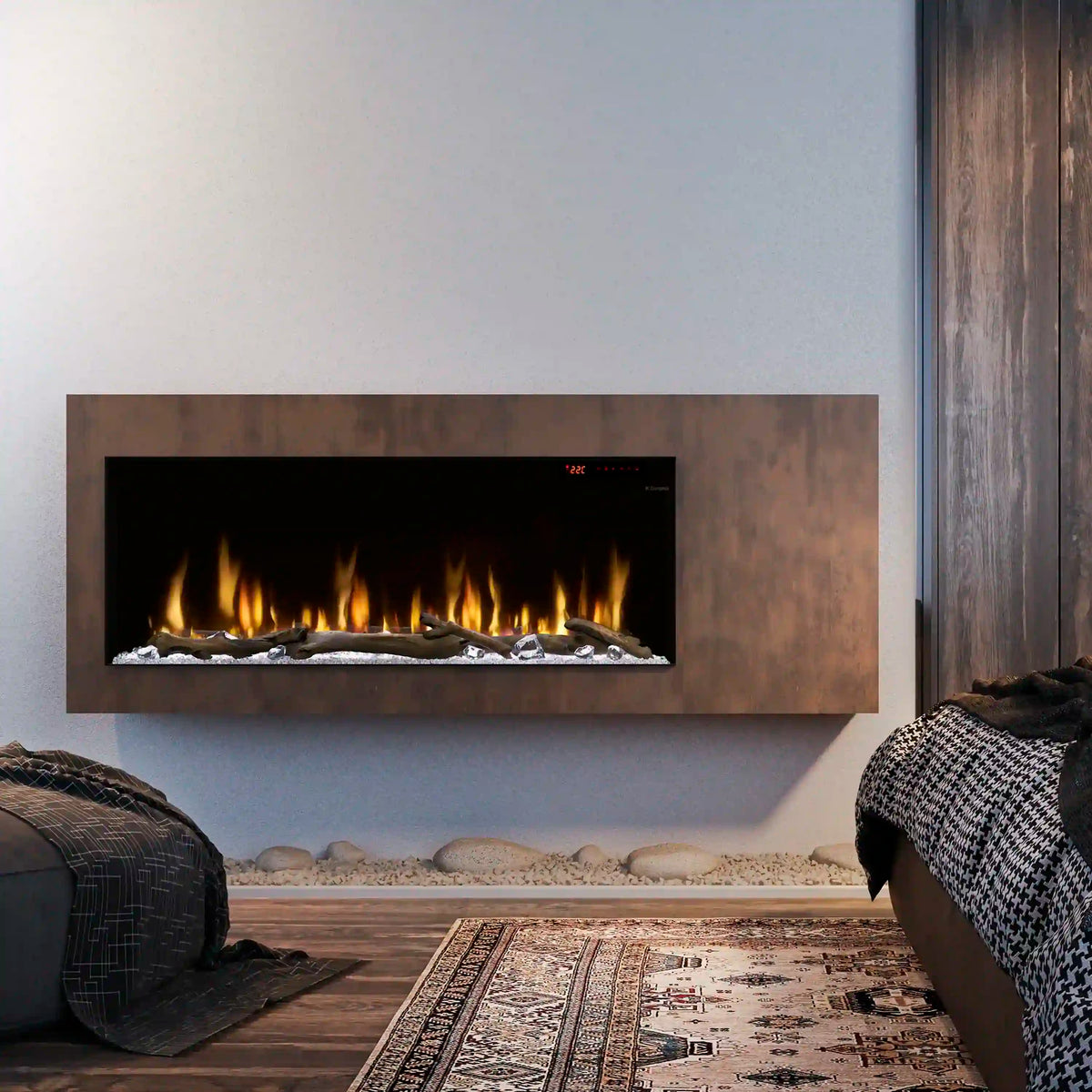 Built-in linear electric fireplace with flame window in wood-and-stone wall niche