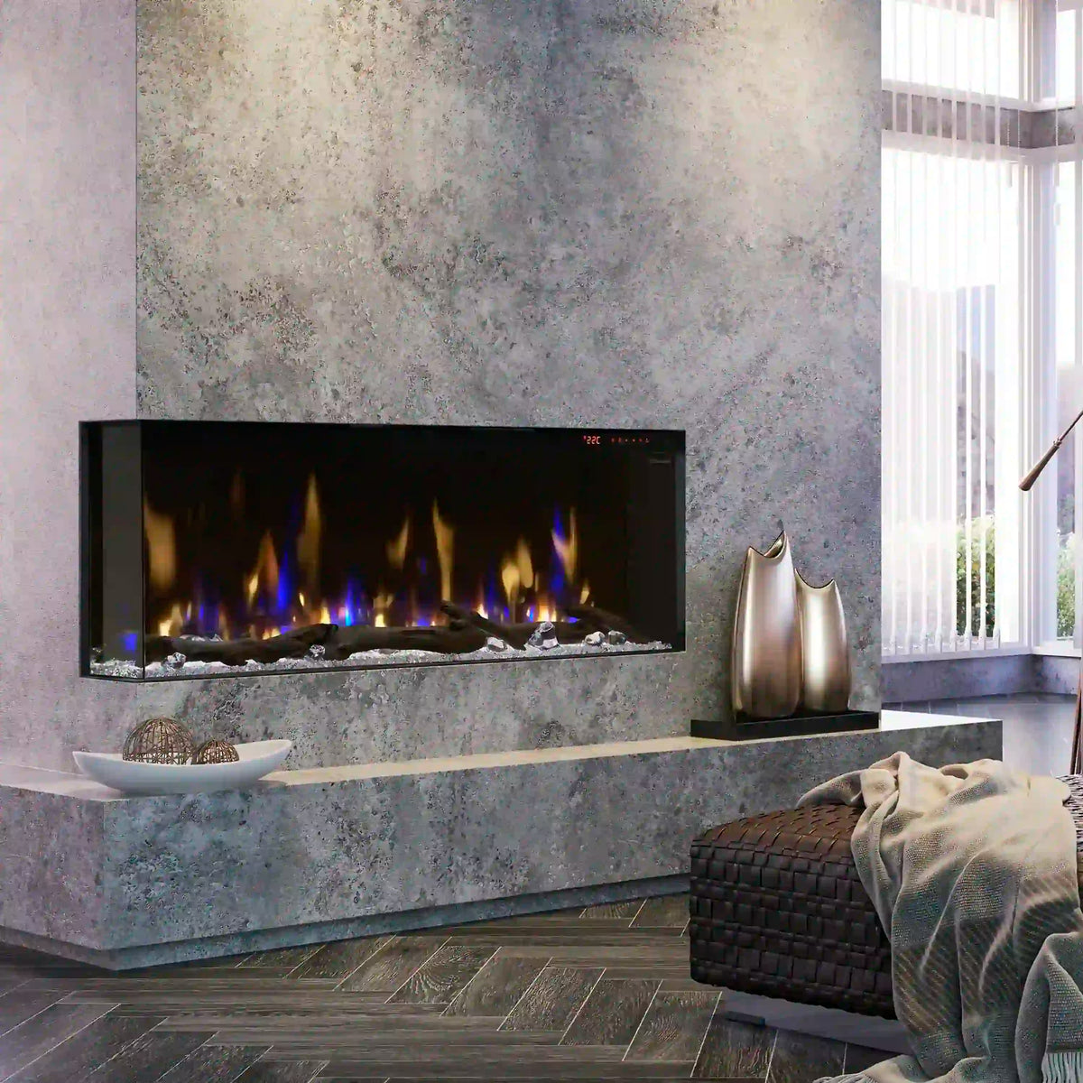 Built-in linear electric fireplace with glass flame window in stone wall surround