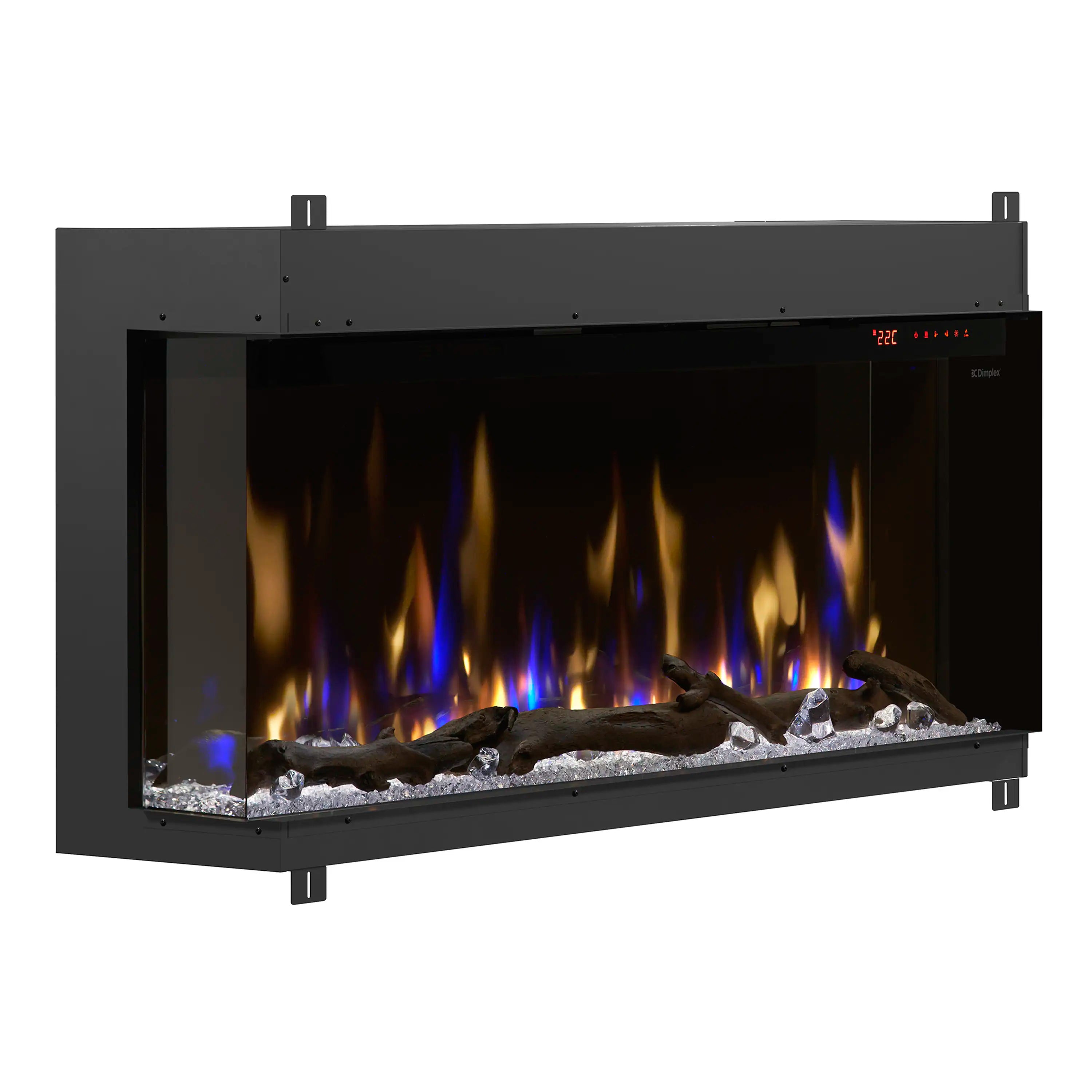 Built-in linear electric fireplace insert with blue flames over gray glass crystals