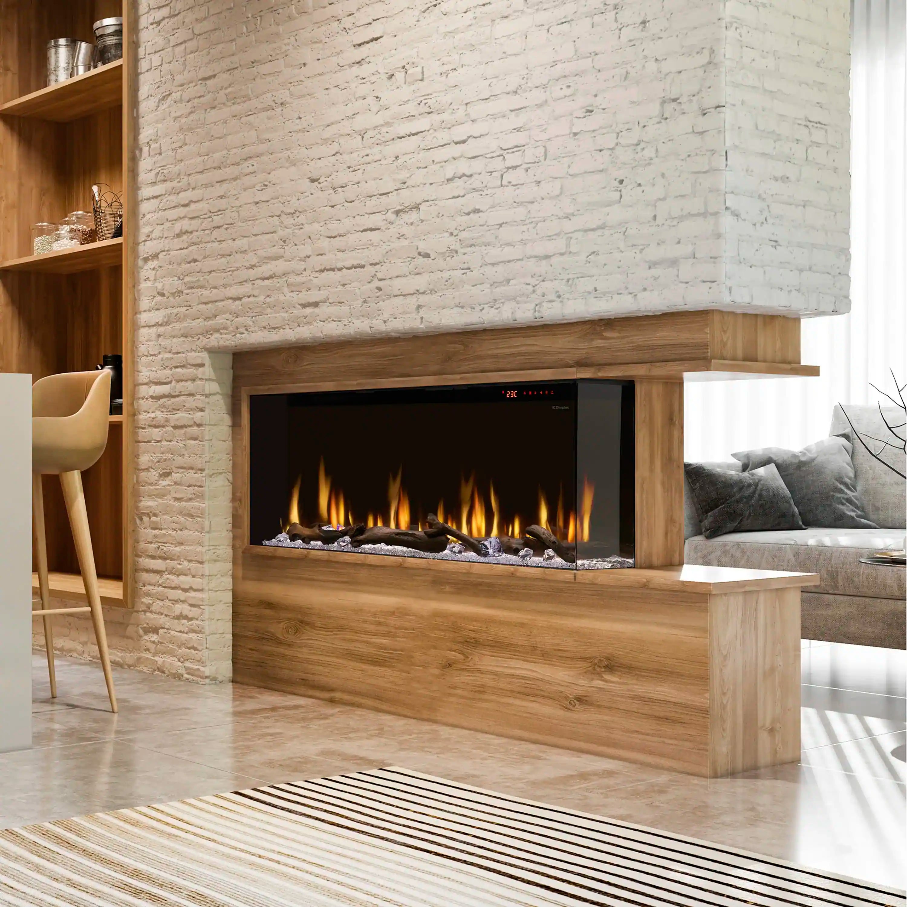 Linear electric fireplace with built-in flame, dark firebox, logs and glass crystals