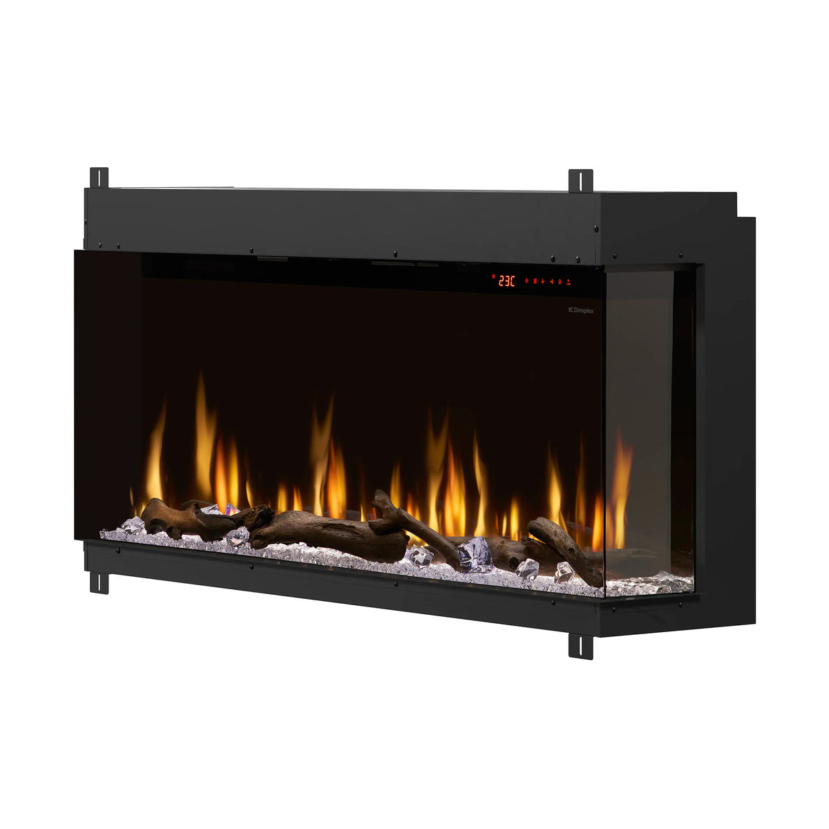 Linear electric fireplace with black frame and glowing flame effect over log and stone insert