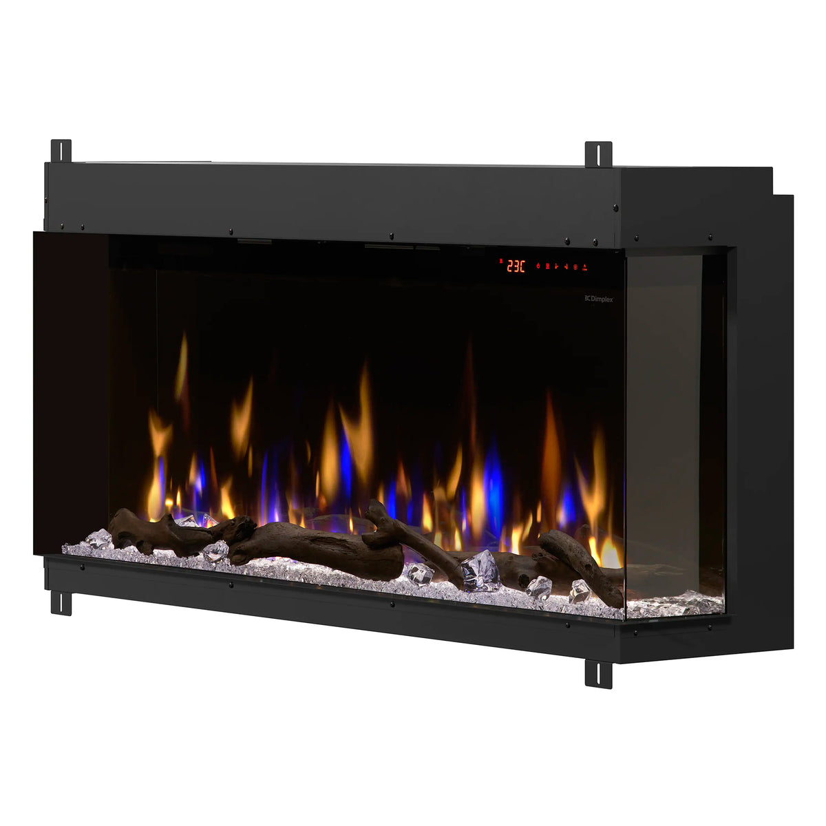 Built-in linear electric fireplace insert with black frame, glowing blue flames