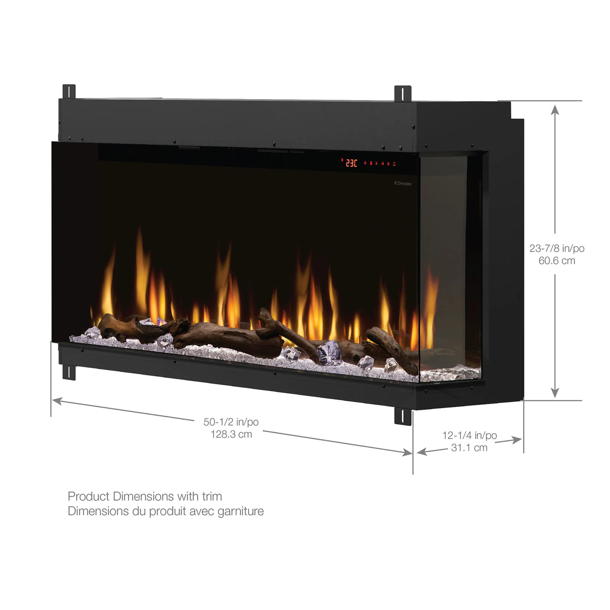 Built-in linear electric fireplace in black with open front, faux logs, and flame effect