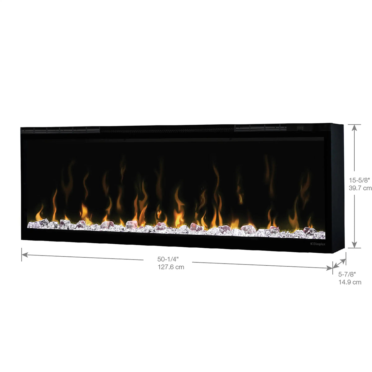 Dimplex IgniteXL 50-inch linear electric fireplace with size diagram in inches