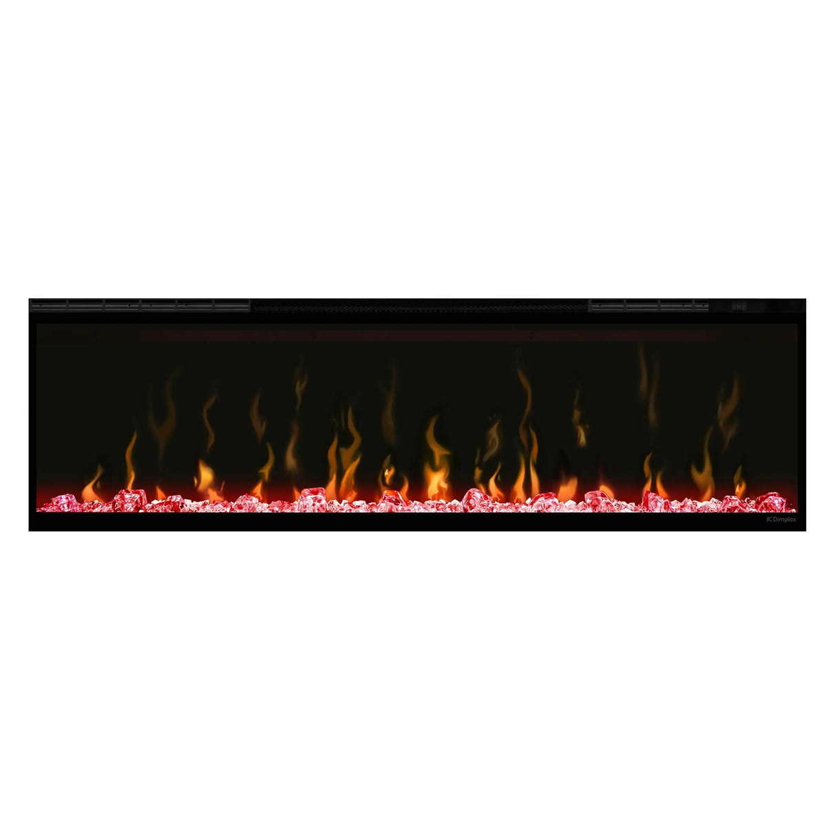 Black linear electric fireplace close view with orange flames and red ember bed