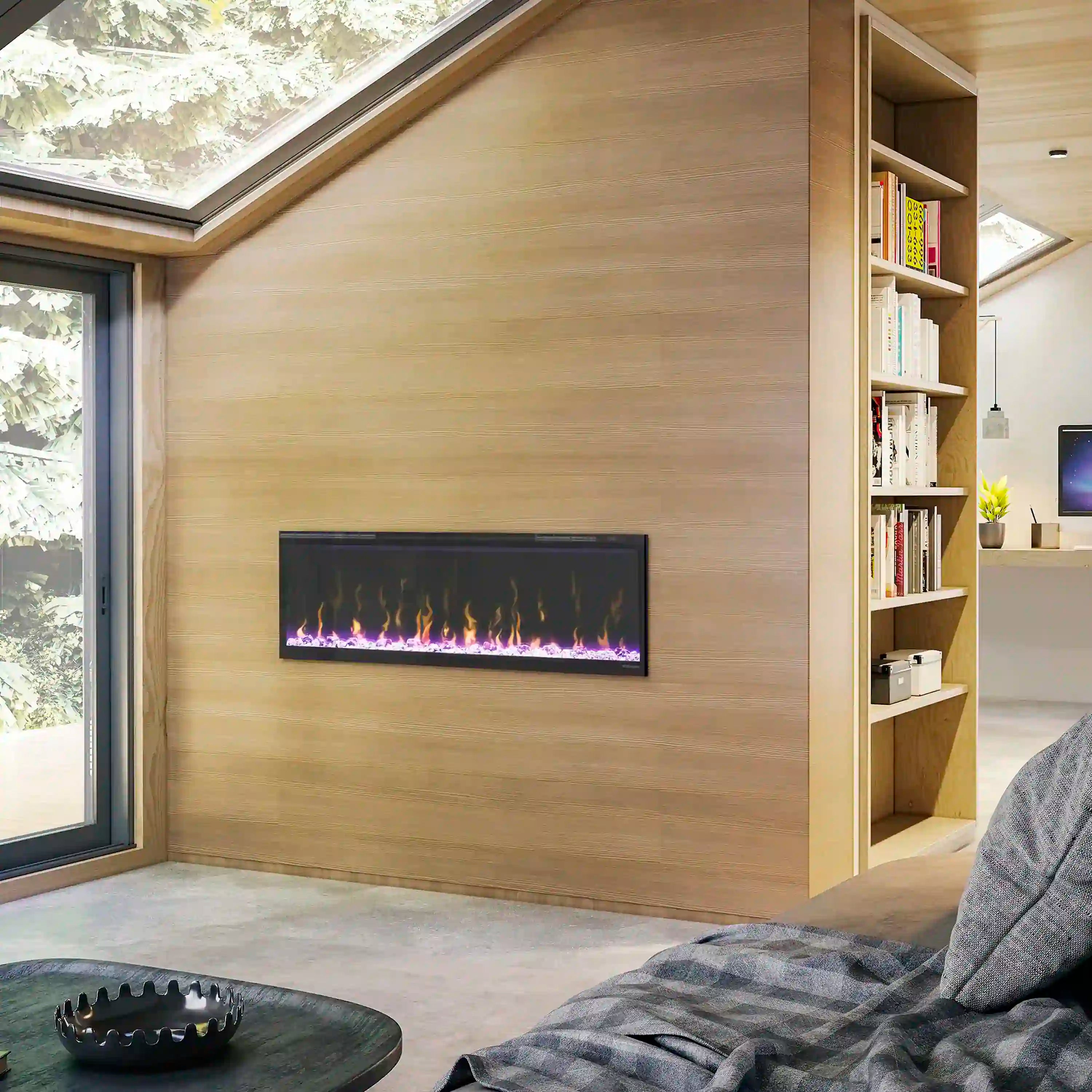Built-in linear electric fireplace with glowing flame display mounted in a wall